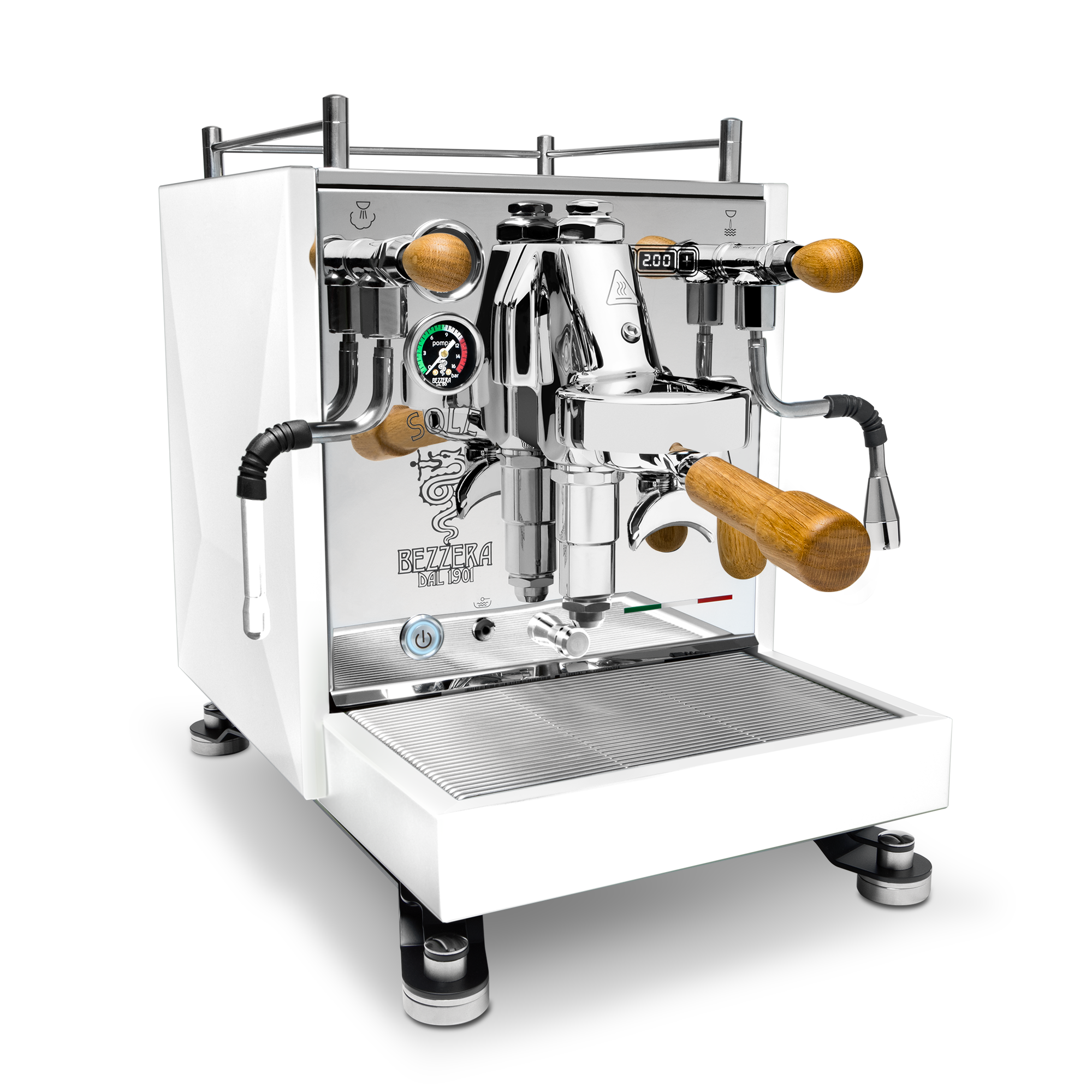 Bezzera Sole Espresso Machine – Matte White / Oak / No Flow Control