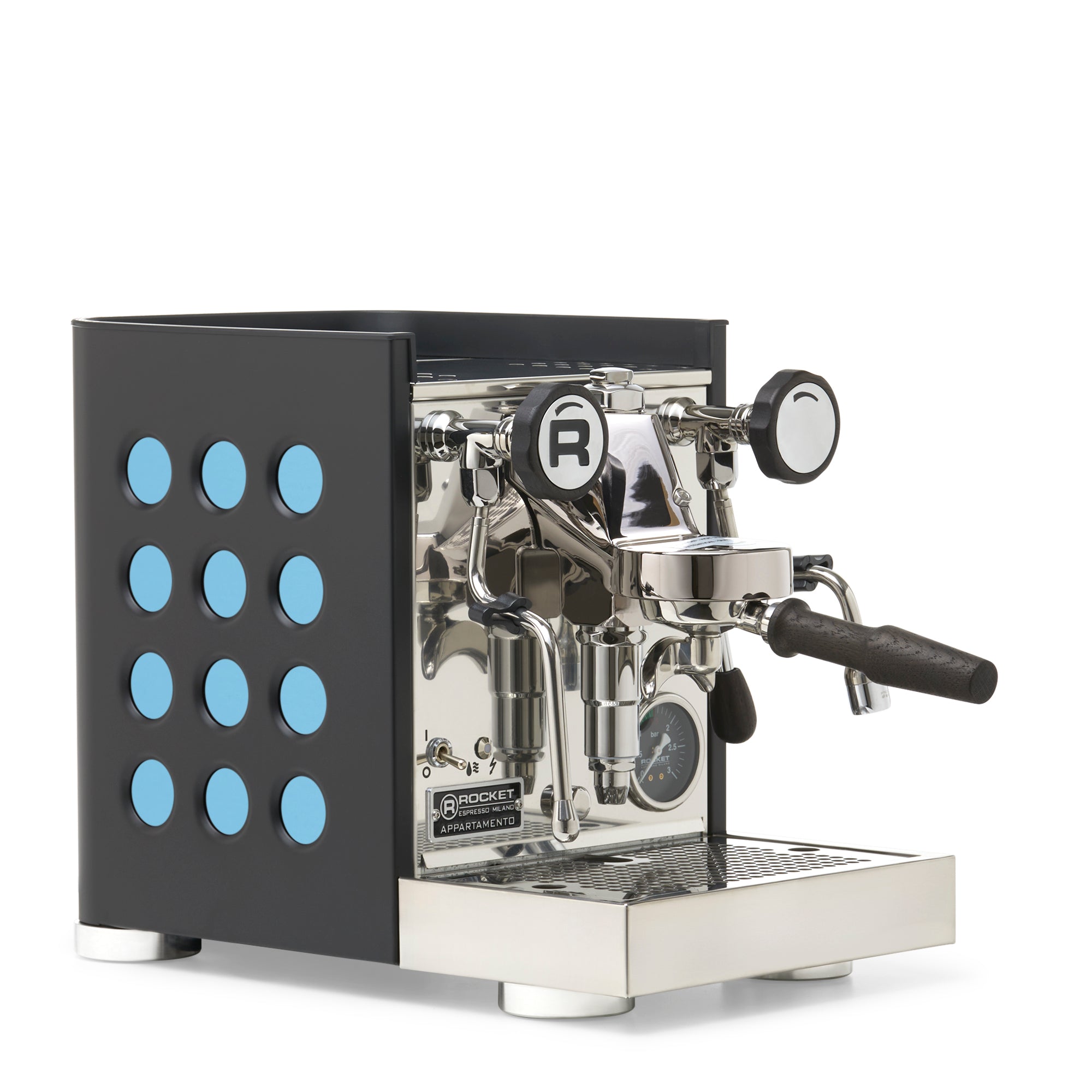 Rocket Espresso Appartamento TCA Espresso Machine - Black with Black Stripe – Aquamarine / Blackened Oak / No Flow Control