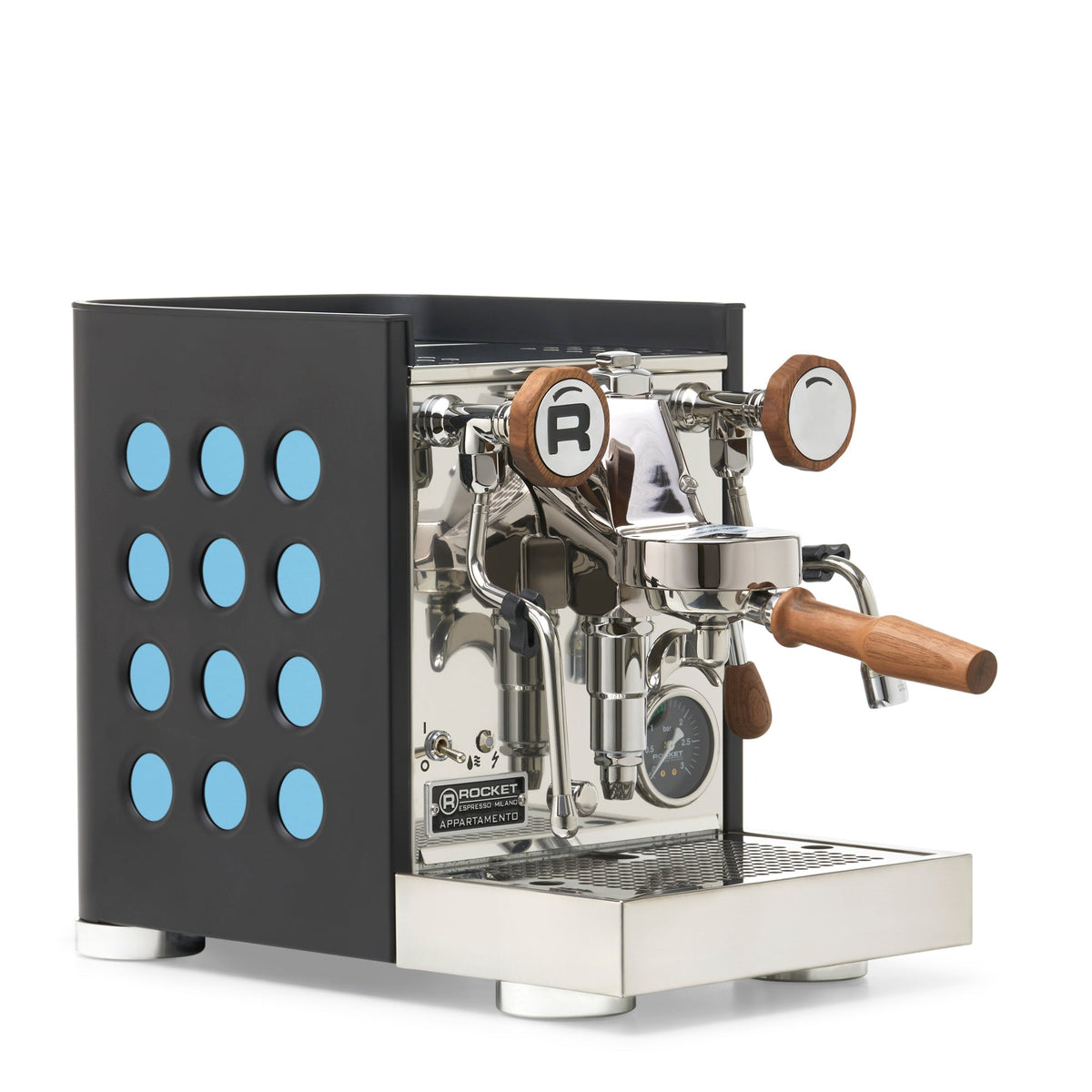Rocket Espresso Appartamento TCA Espresso Machine - Black with Black Stripe – Aquamarine / Walnut / No Flow Control