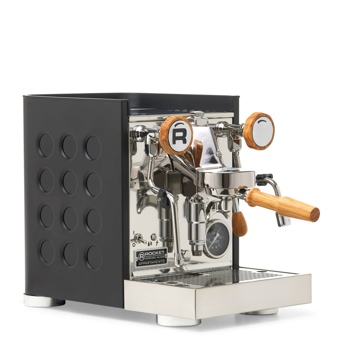 Rocket Espresso Appartamento TCA Espresso Machine - Black with Black Stripe – Black / Olive Wood / No Flow Control