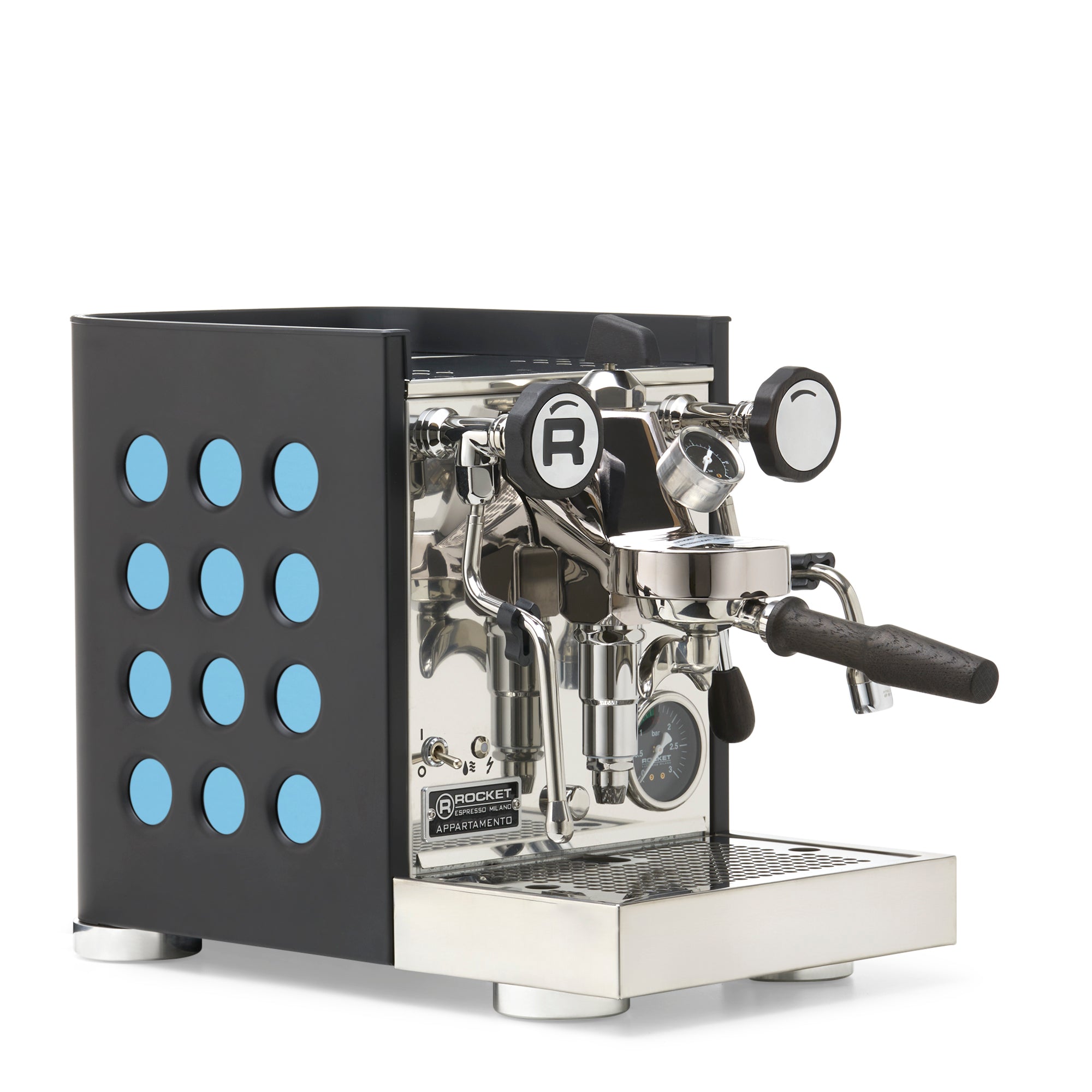 Rocket Espresso Appartamento TCA Espresso Machine - Black with Black Stripe – Aquamarine / Blackened Oak / Flow Paddle