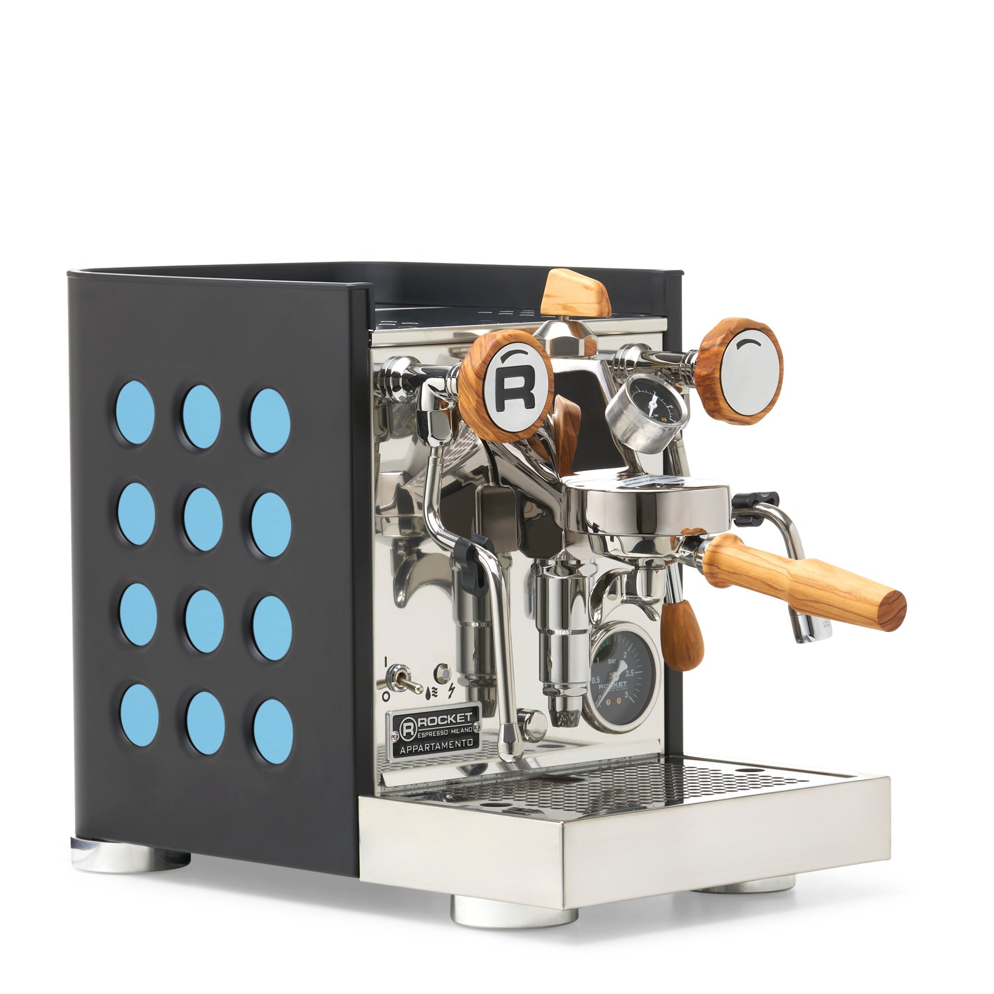 Rocket Espresso Appartamento TCA Espresso Machine - Black with Black Stripe – Aquamarine / Olive Wood / Flow Paddle