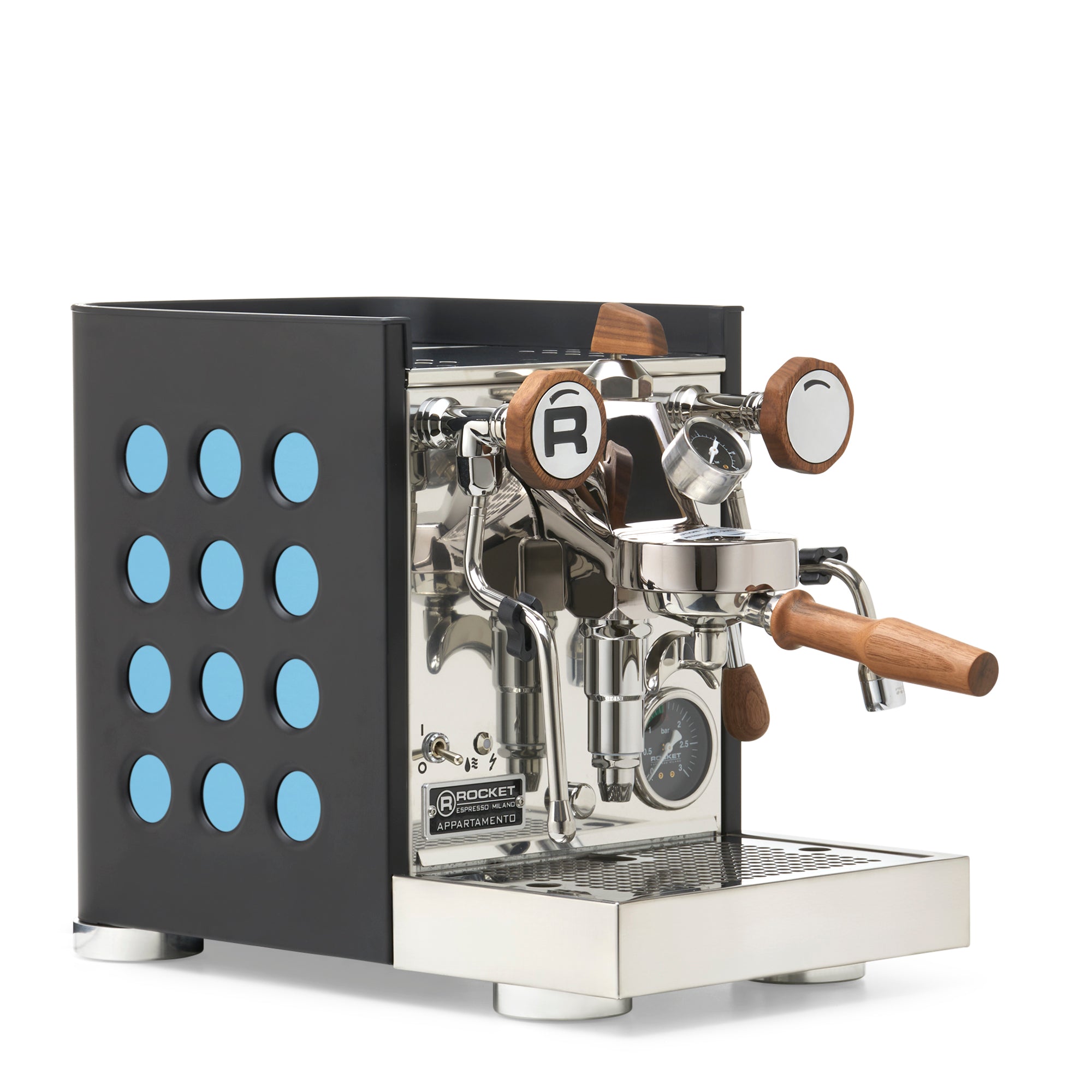 Rocket Espresso Appartamento TCA Espresso Machine - Black with Black Stripe – Aquamarine / Walnut / Flow Paddle