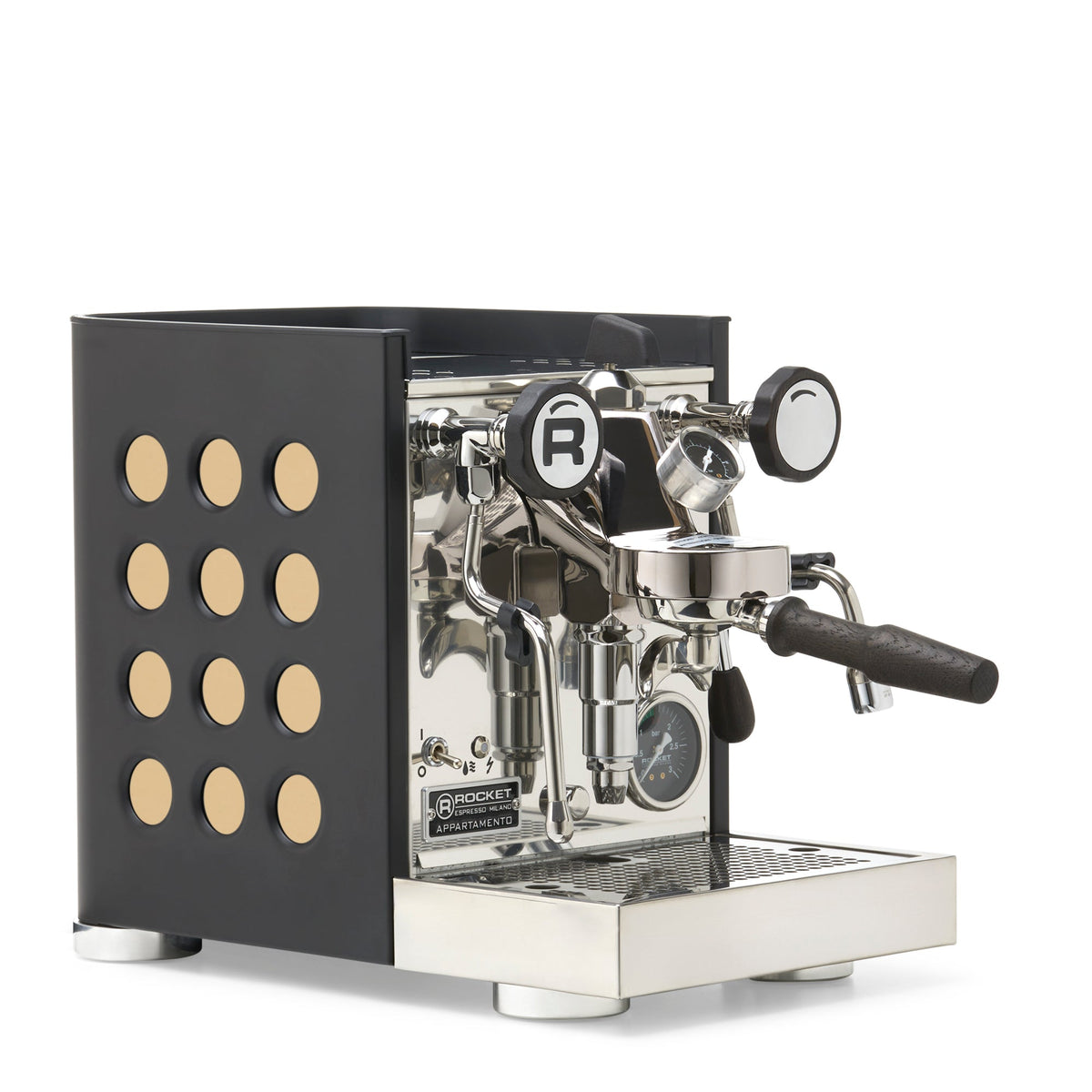 Rocket Espresso Appartamento TCA Espresso Machine - Black with Black Stripe – Gold / Blackened Oak / Flow Paddle