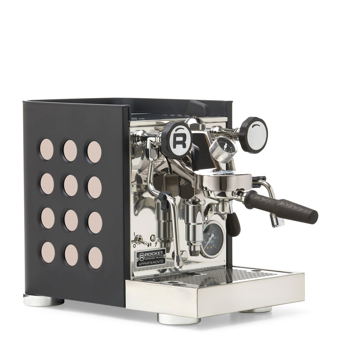 Rocket Espresso Appartamento TCA Espresso Machine - Black with Black Stripe – Rose Gold / Blackened Oak / Flow Paddle