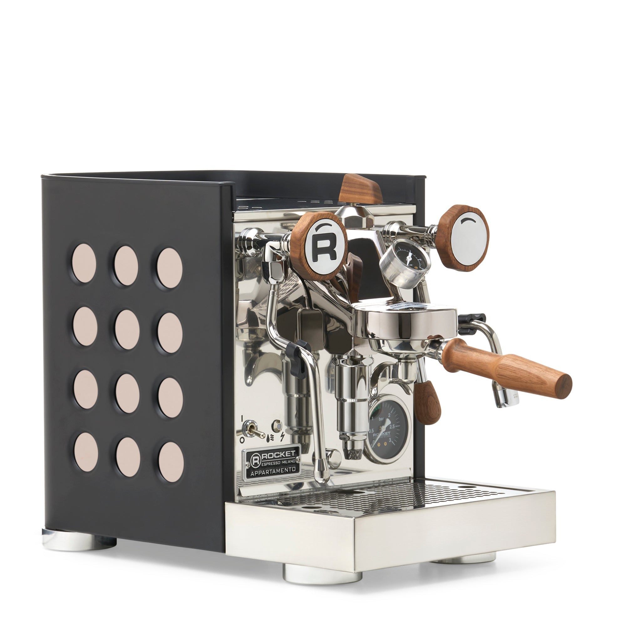 Rocket Espresso Appartamento TCA Espresso Machine - Black with Black Stripe – Rose Gold / Walnut / Flow Paddle