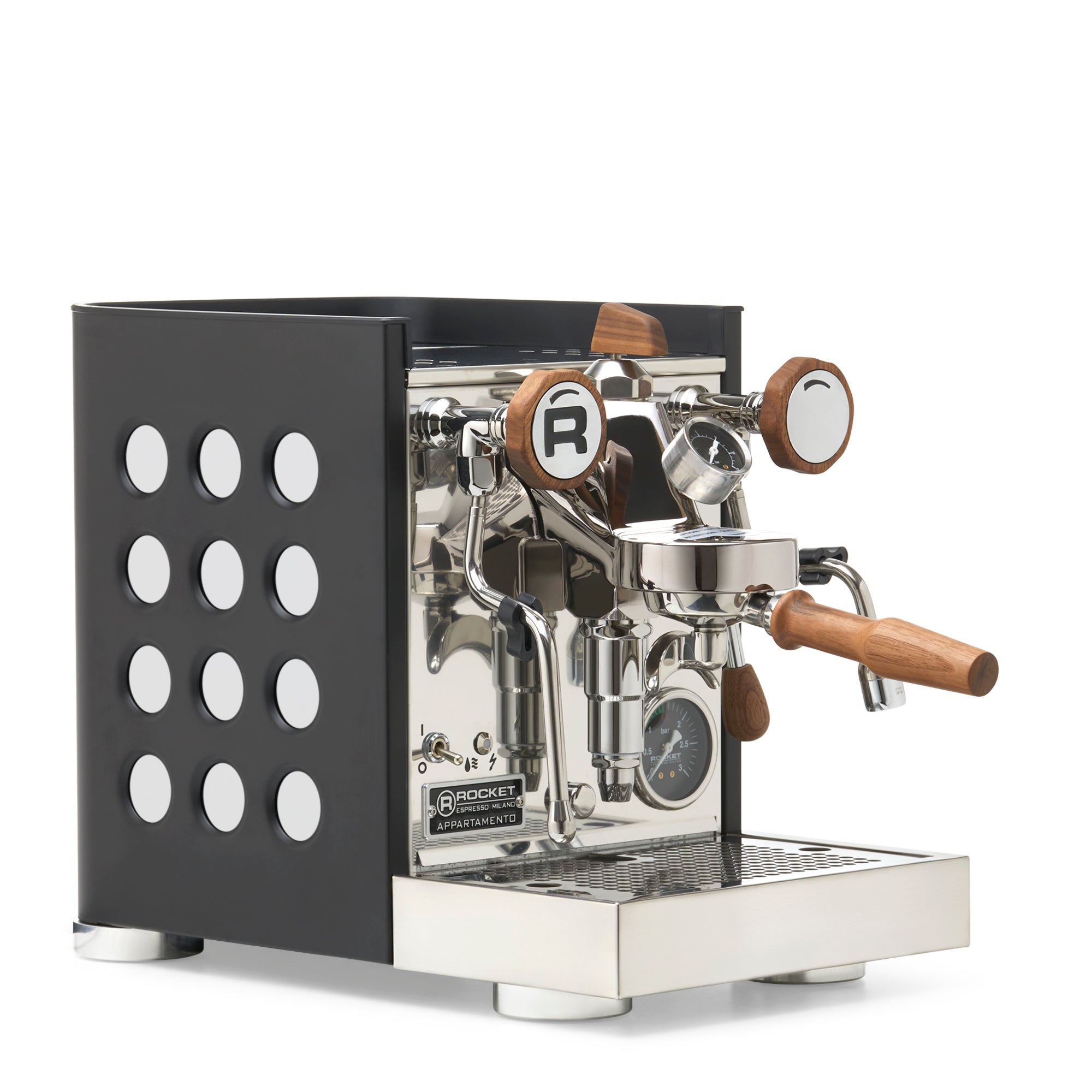 Rocket Espresso Appartamento TCA Espresso Machine - Black with Black Stripe – White / Walnut / Flow Paddle