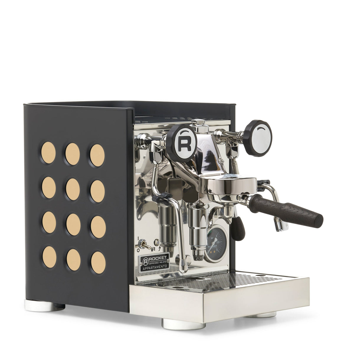 Rocket Espresso Appartamento TCA Espresso Machine - Black with Black Stripe – Gold / Blackened Oak / No Flow Control