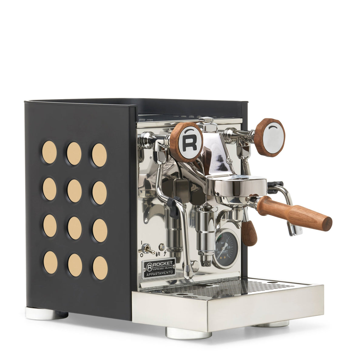 Rocket Espresso Appartamento TCA Espresso Machine - Black with Black Stripe – Gold / Walnut / No Flow Control