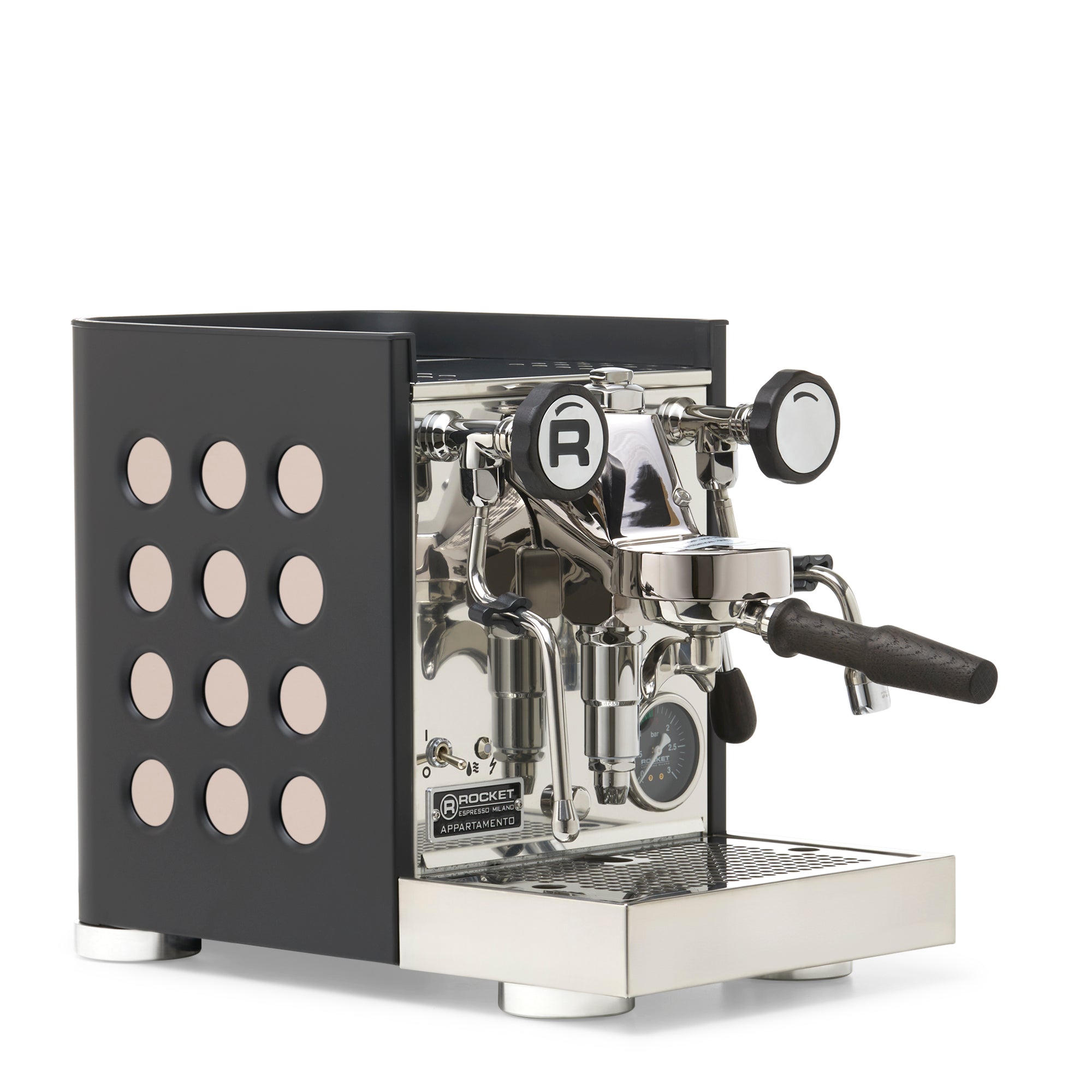 Rocket Espresso Appartamento TCA Espresso Machine - Black with Black Stripe – Rose Gold / Blackened Oak / No Flow Control