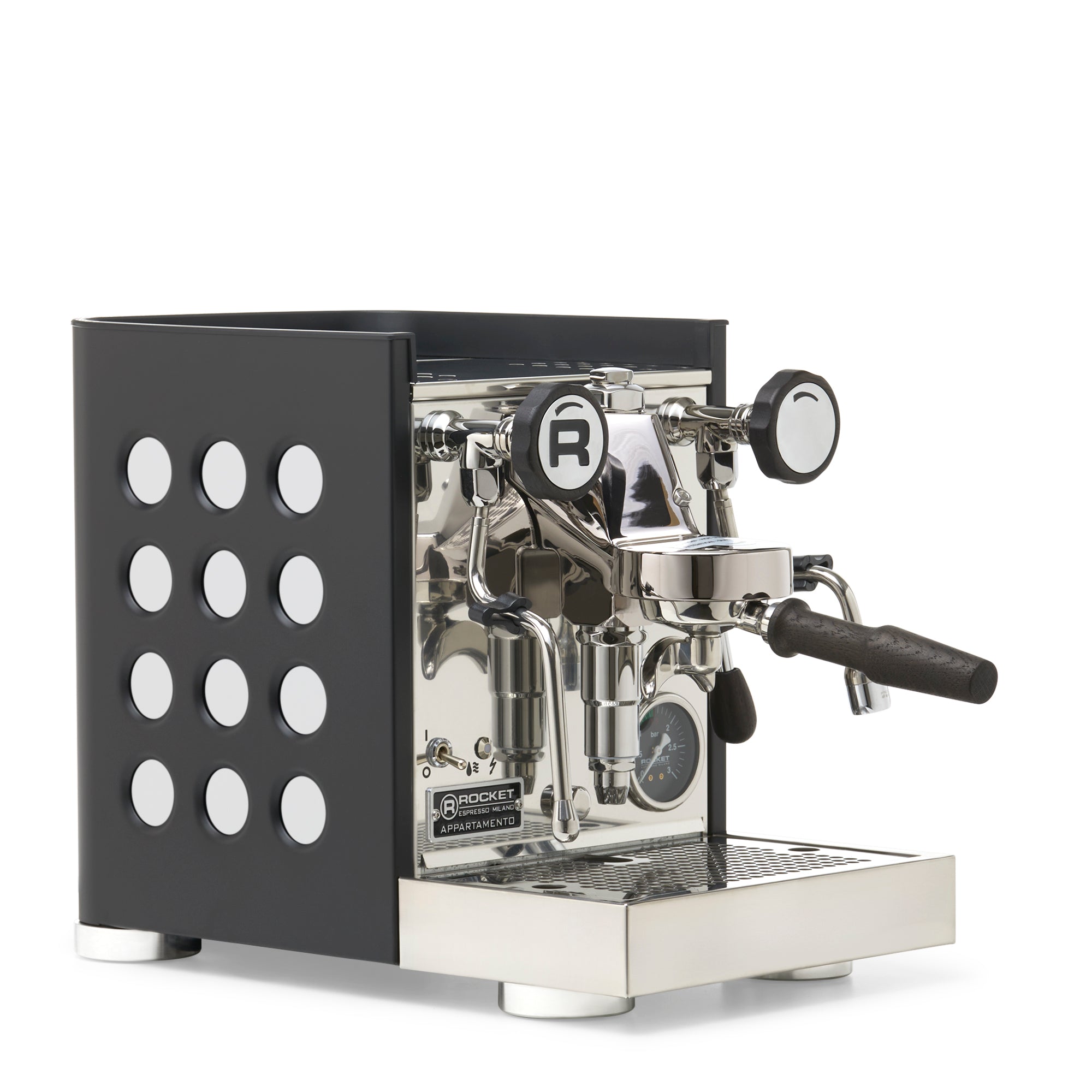 Rocket Espresso Appartamento TCA Espresso Machine - Black with Black Stripe – White / Blackened Oak / No Flow Control