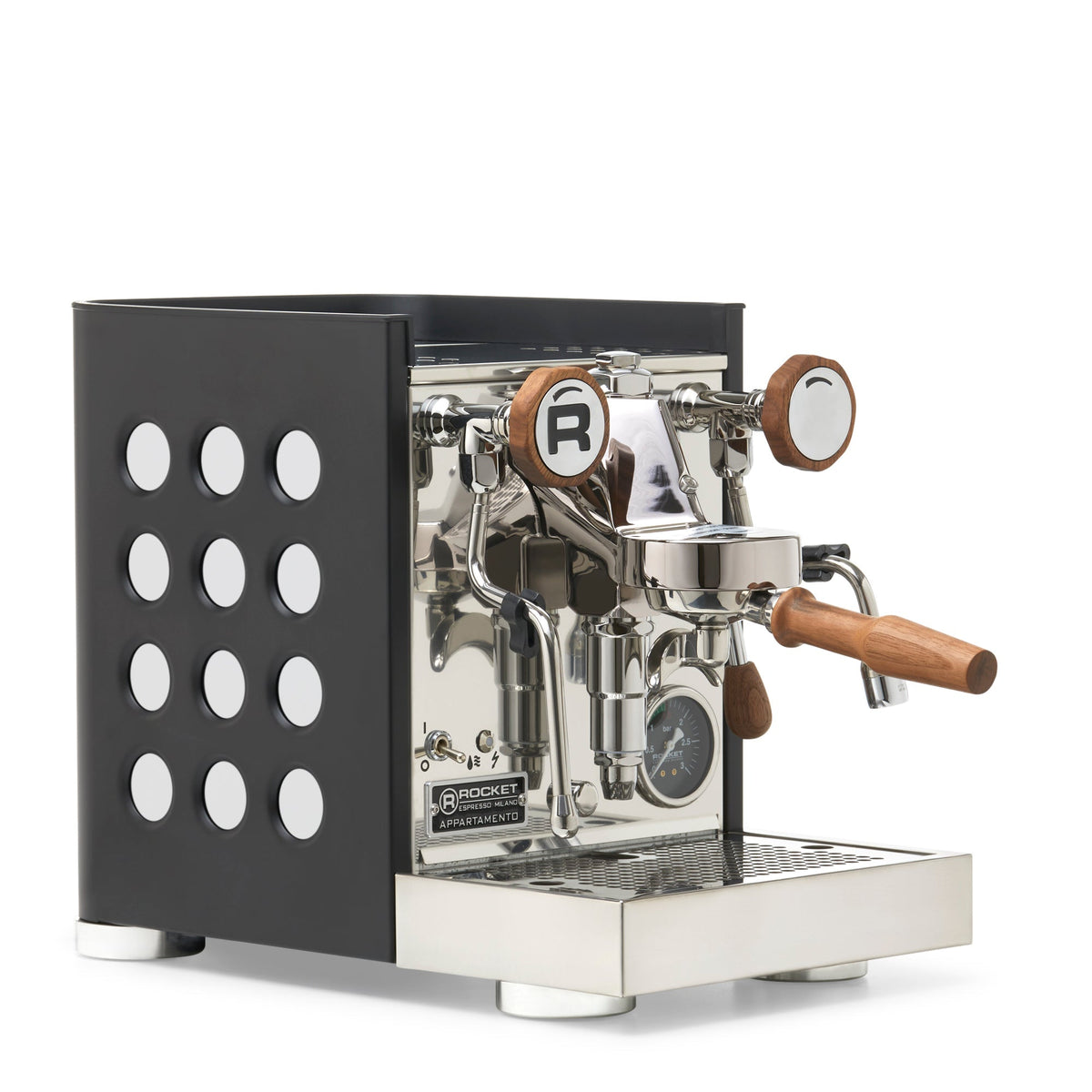 Rocket Espresso Appartamento TCA Espresso Machine - Black with Black Stripe – White / Walnut / No Flow Control