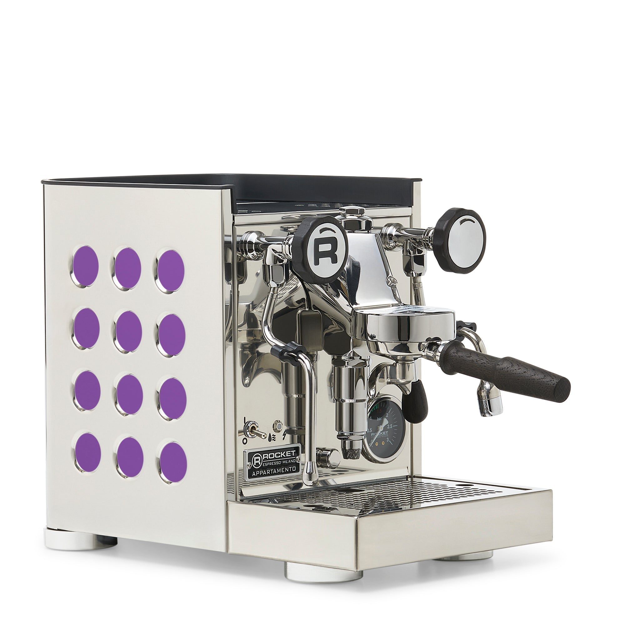 Rocket Espresso Appartamento TCA Espresso Machine - Stainless Steel with Black Stripe – Amethyst / Blackened Oak / No Flow Control