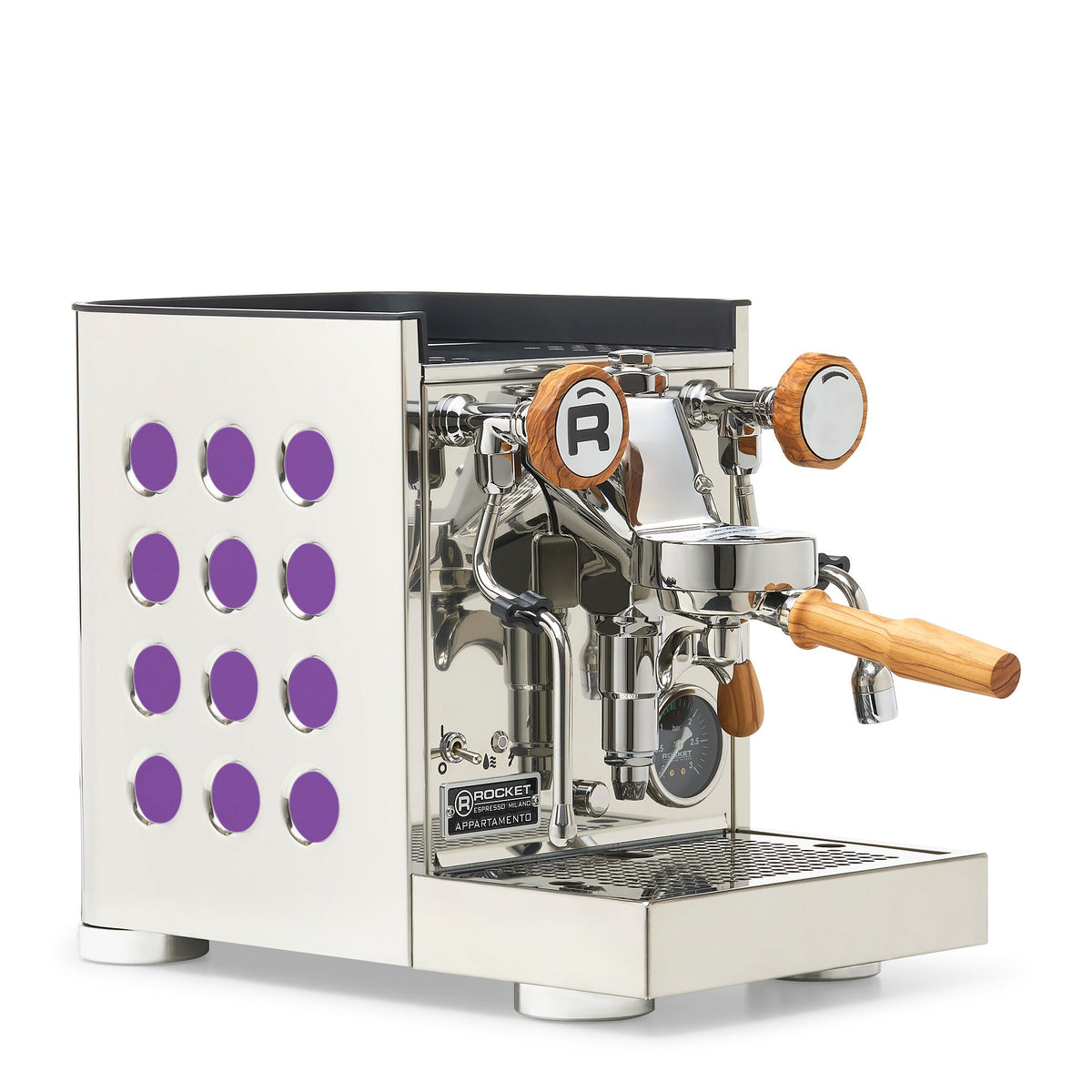 Rocket Espresso Appartamento TCA Espresso Machine - Stainless Steel with Black Stripe – Amethyst / Olive Wood / No Flow Control