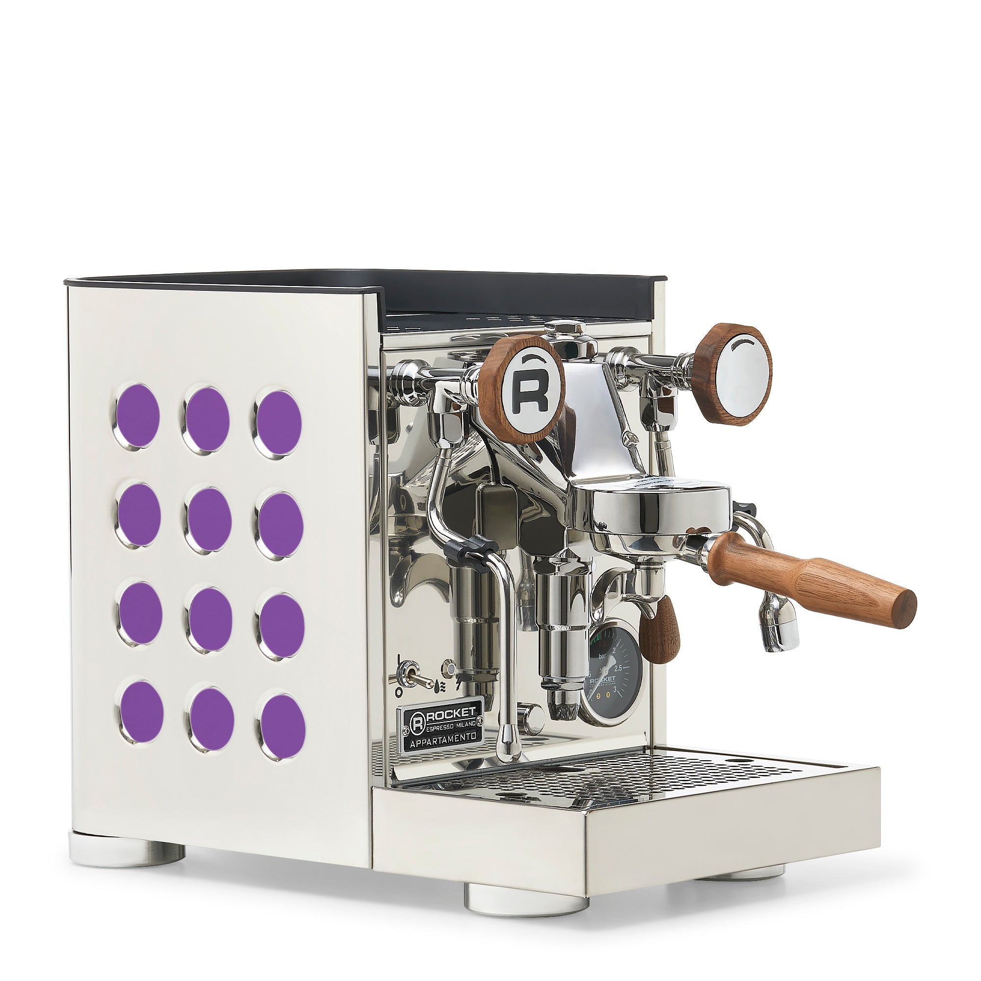 Rocket Espresso Appartamento TCA Espresso Machine - Stainless Steel with Black Stripe – Amethyst / Walnut / No Flow Control