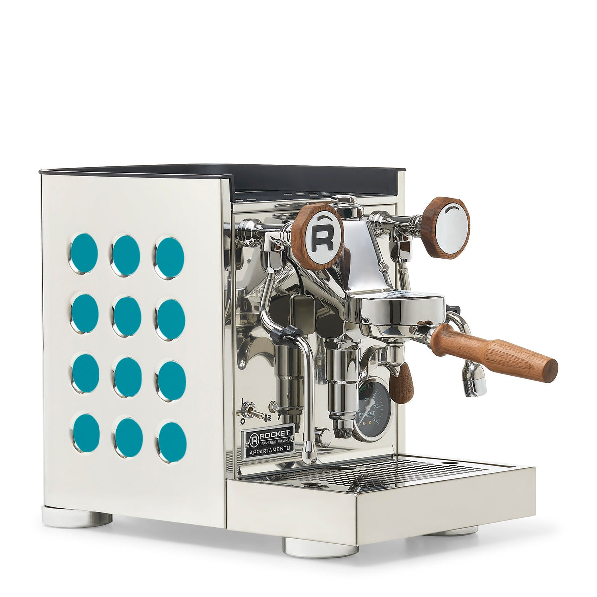 Rocket Espresso Appartamento TCA Espresso Machine - Stainless Steel with Black Stripe – Amazonite / Walnut / No Flow Control