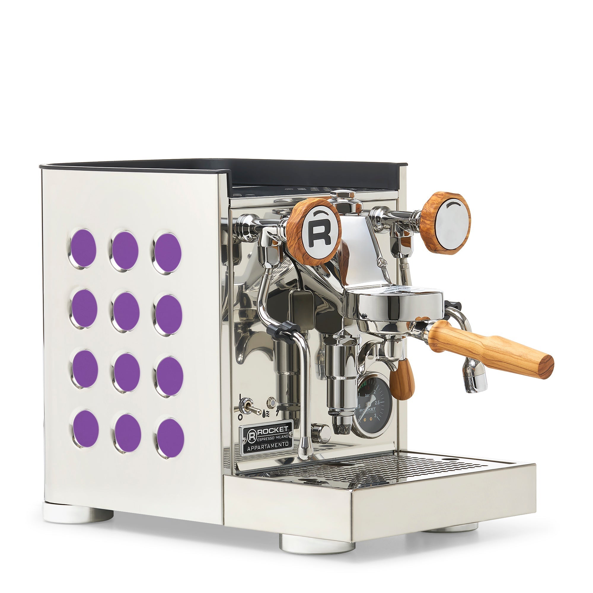 Rocket Espresso Appartamento TCA Espresso Machine - Stainless Steel with White Stripe – Amethyst / Olive Wood / No Flow Control
