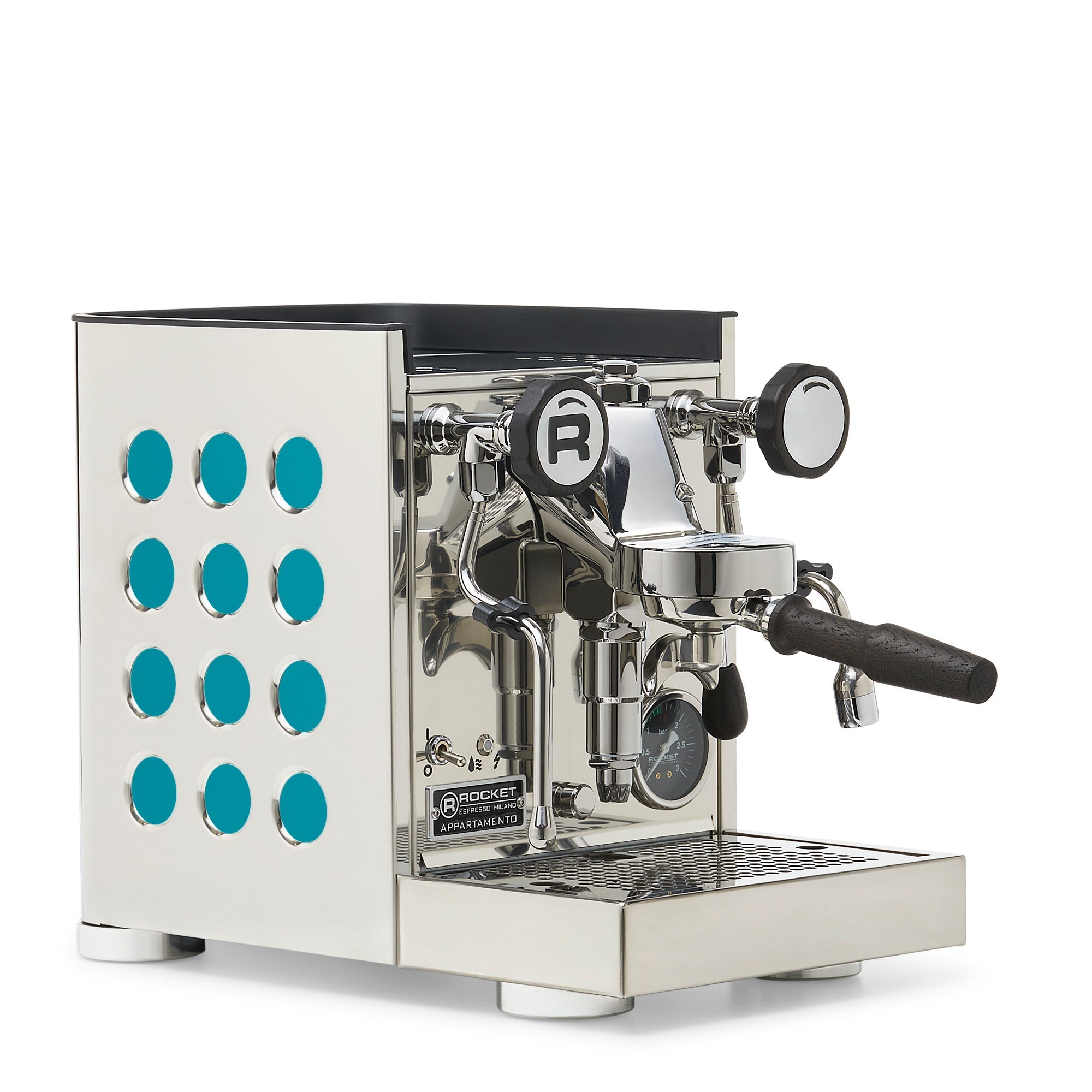 Rocket Espresso Appartamento TCA Espresso Machine - Stainless Steel with White Stripe – Amazonite / Blackened Oak / No Flow Control