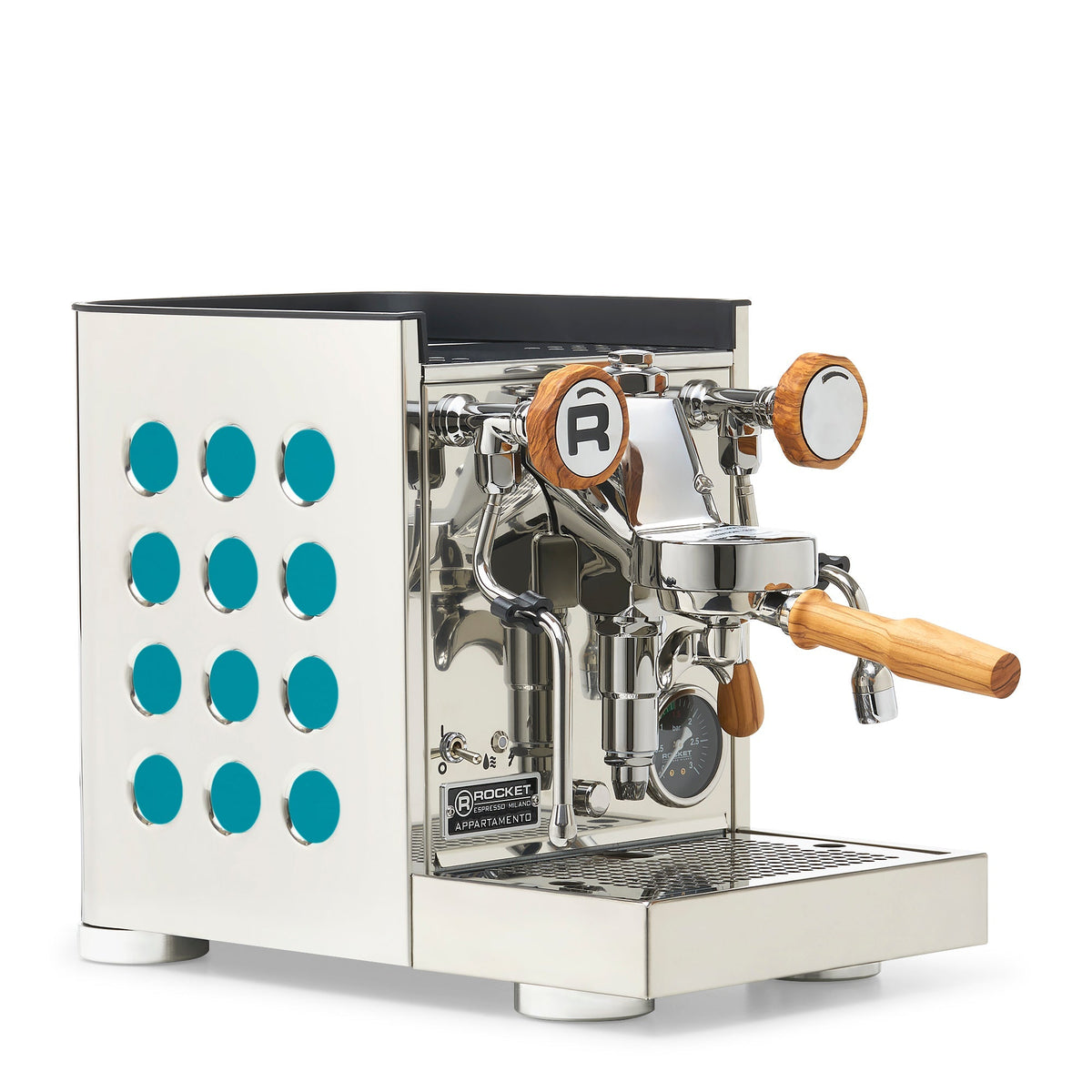 Rocket Espresso Appartamento TCA Espresso Machine - Stainless Steel with White Stripe – Amazonite / Olive Wood / No Flow Control