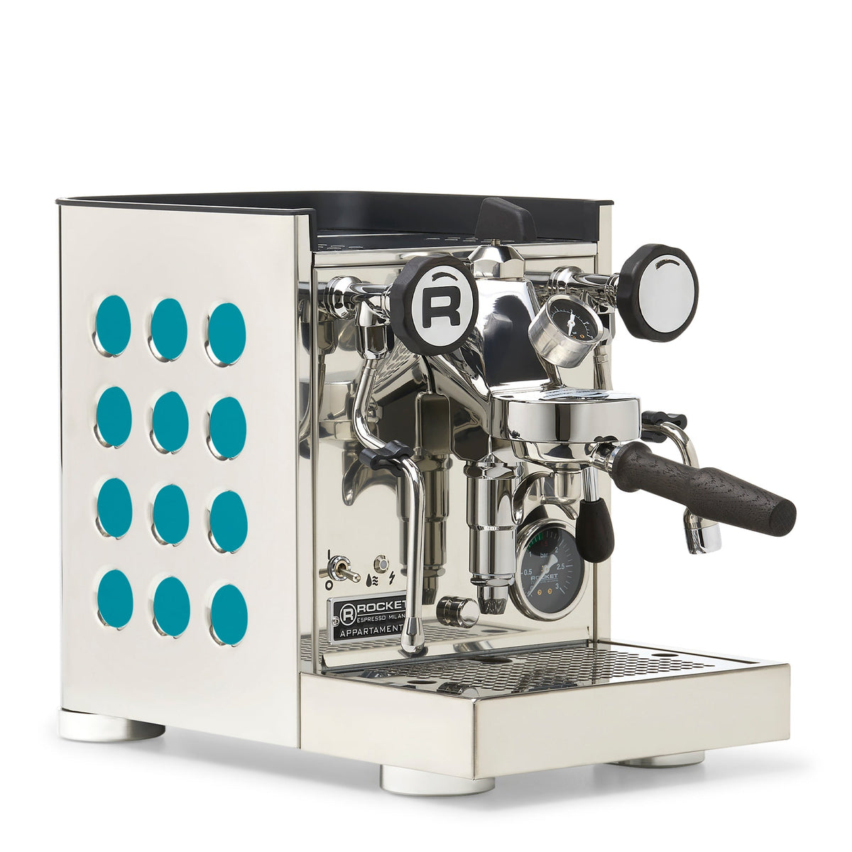 Rocket Espresso Appartamento TCA Espresso Machine - Stainless Steel with White Stripe – Amazonite / Blackened Oak / Flow Paddle