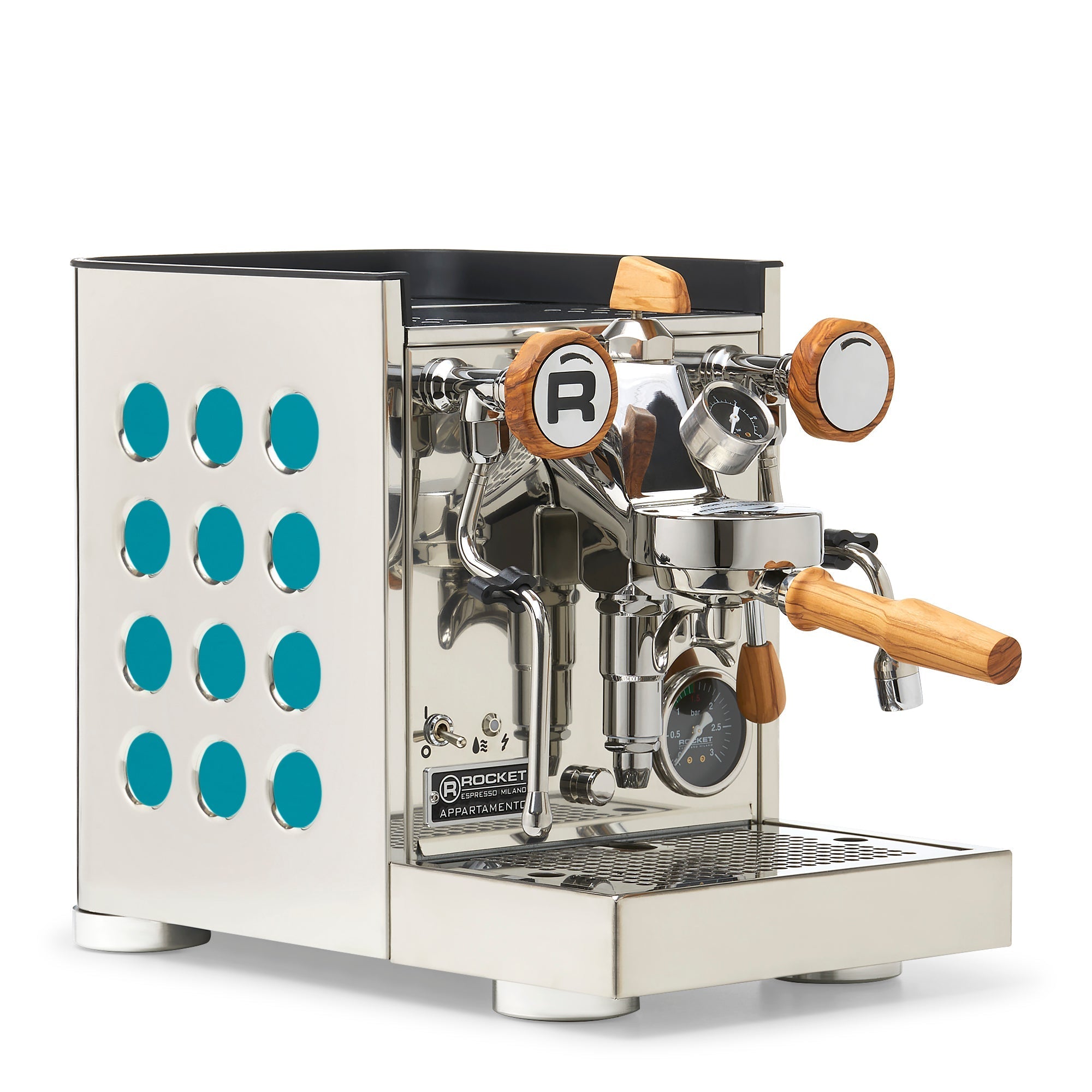 Rocket Espresso Appartamento TCA Espresso Machine - Stainless Steel with White Stripe – Amazonite / Olive Wood / Flow Paddle