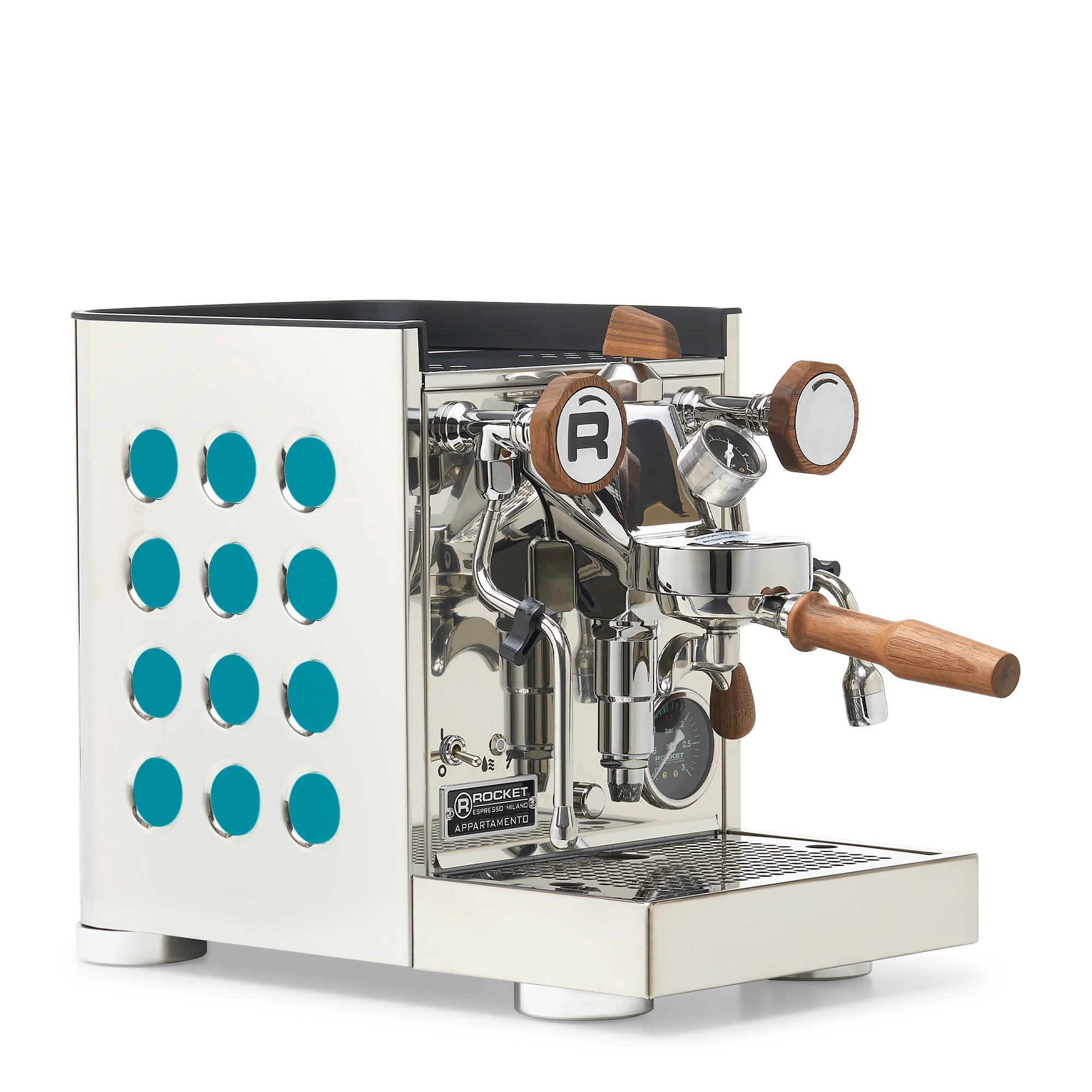 Rocket Espresso Appartamento TCA Espresso Machine - Stainless Steel with White Stripe – Amazonite / Walnut / Flow Paddle