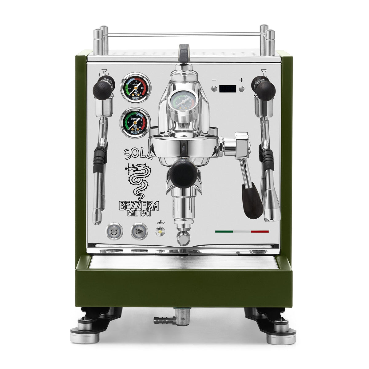 Bezzera SOLE Fast Heating Espresso Machine – Matte Green / Blackened Oak / Flow Paddle