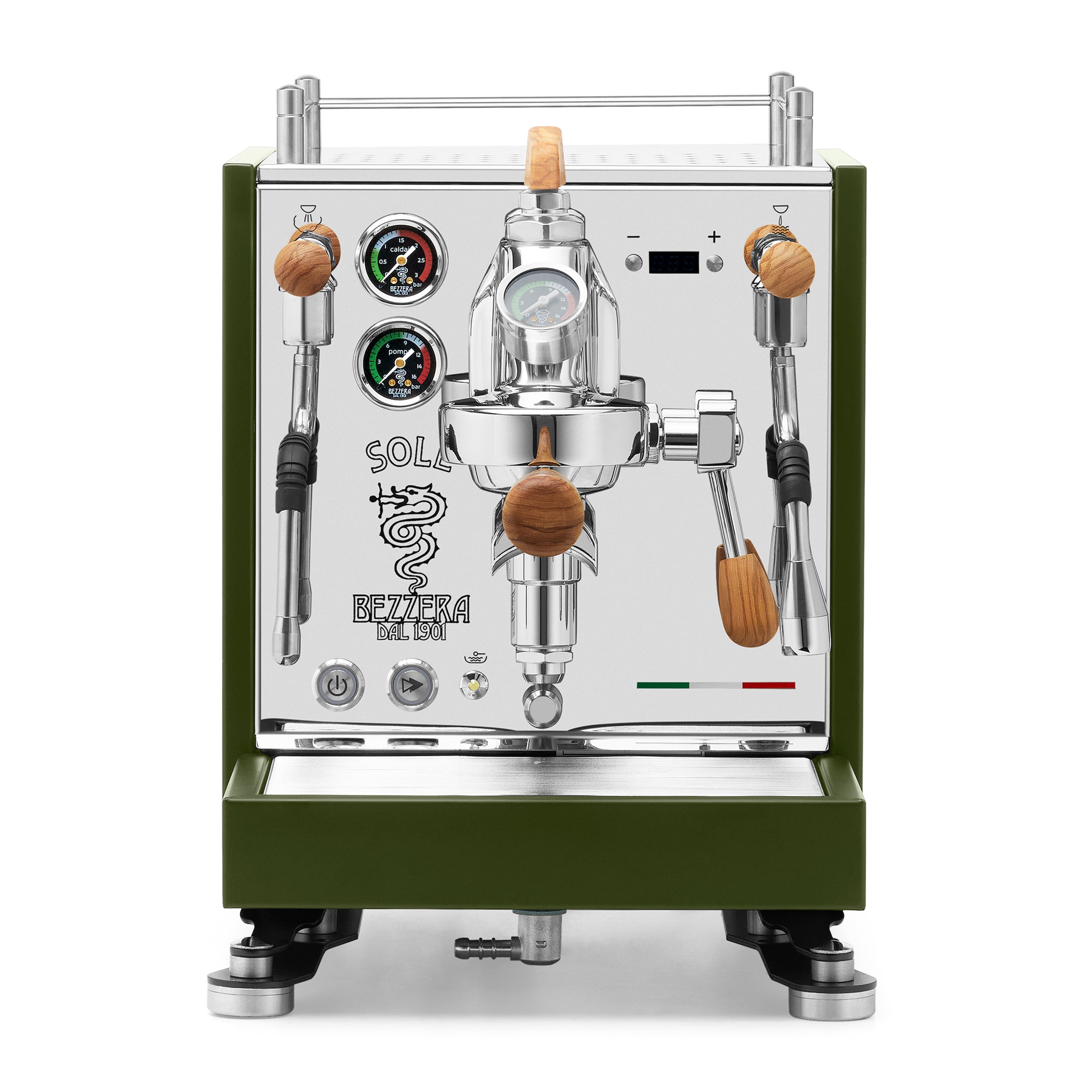 Bezzera SOLE Fast Heating Espresso Machine – Matte Green / Olive Wood / Flow Paddle