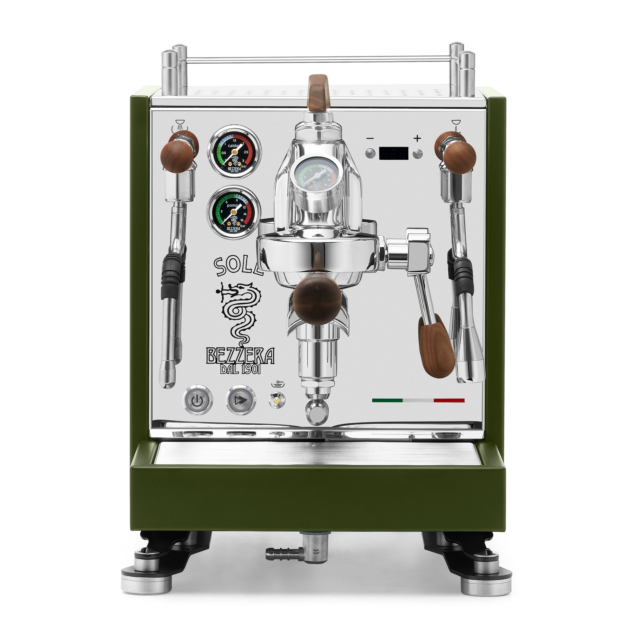 Bezzera SOLE Fast Heating Espresso Machine – Matte Green / Walnut / Flow Paddle