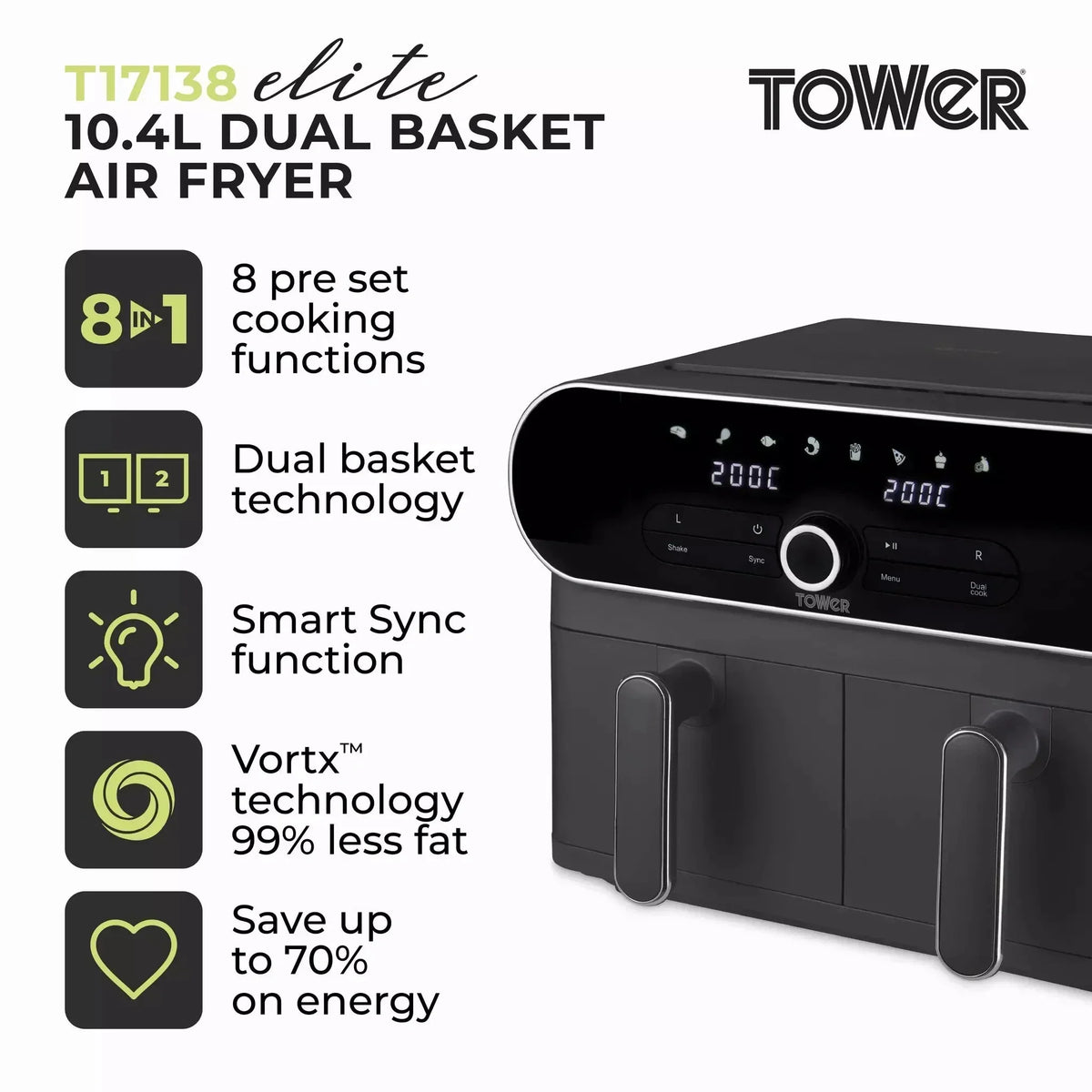 Tower T17138 Vortx Elite 10.4L Dual Basket Air Fryer Grey – image 2 of 9