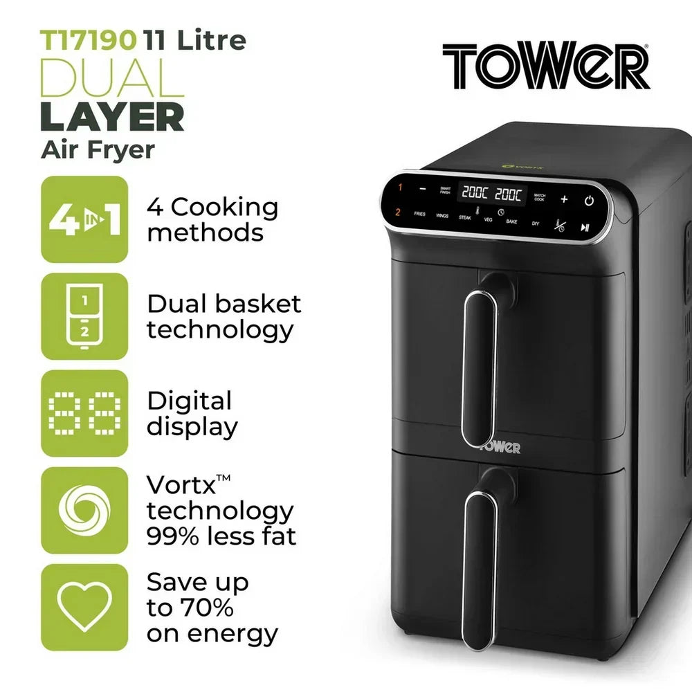 Tower T17190 Vortx 11L Dual Layer Air Fryer - Black with Chrome Trim – image 2 of 9