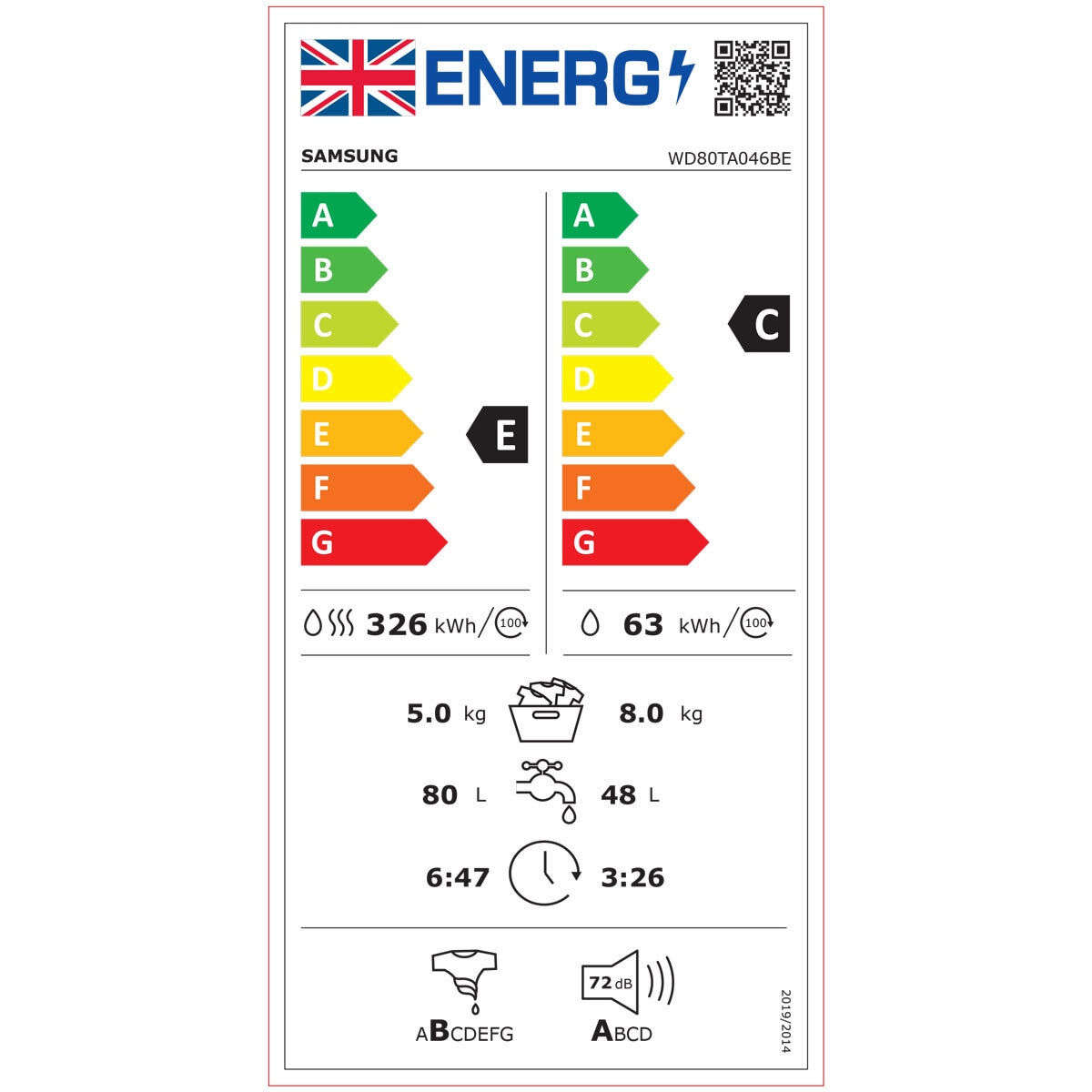 Samsung Series 5 WD80TA046BE/EU, 8kg/5kg, 1400rpm, Washer Dryer, E Rated in White – image 8 of 8