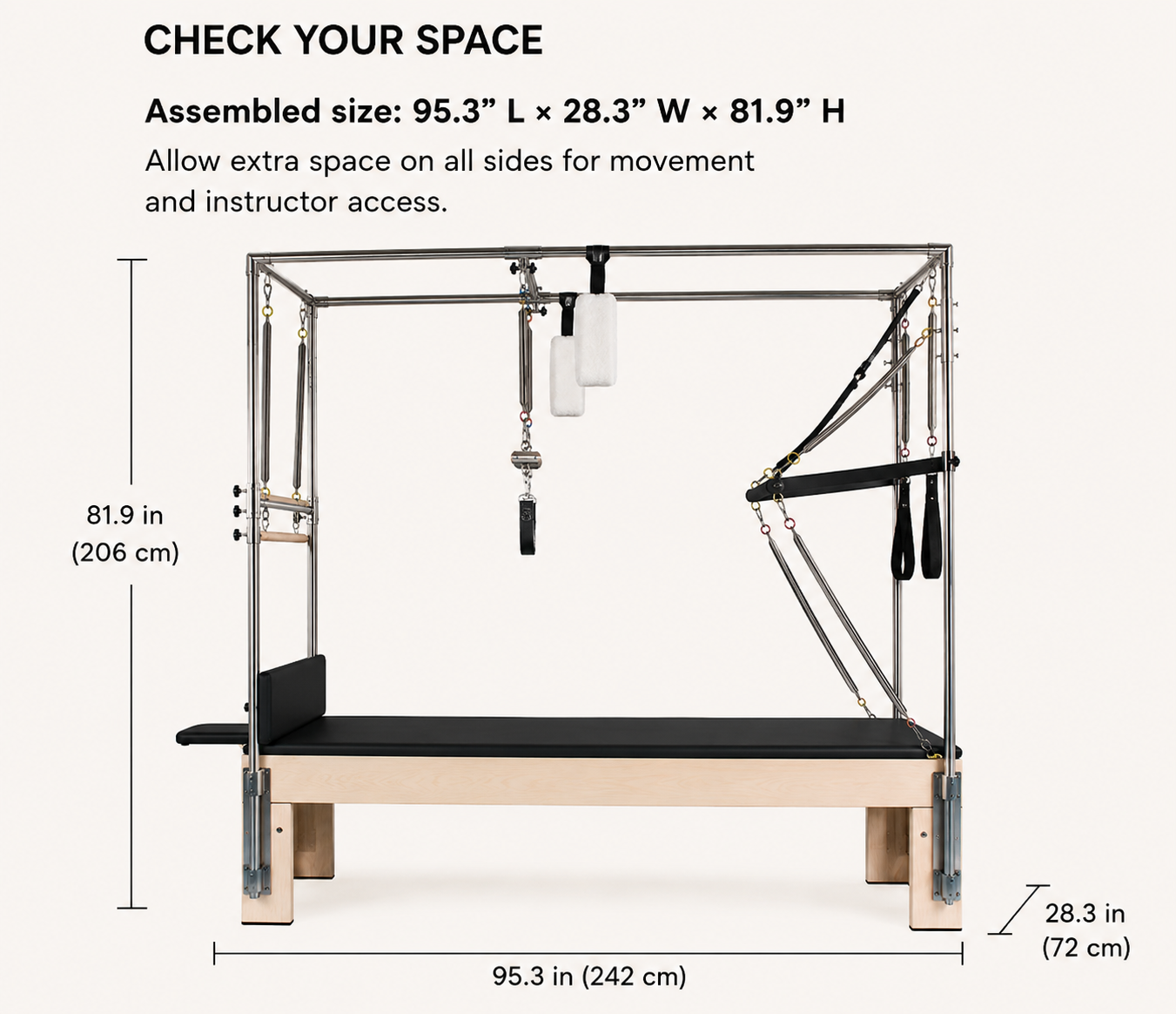 Pilates reformer machine shown with overlaid dimension lines and text reading 'CHECK YOUR SPACE' and assembled size 95.3 x 28.