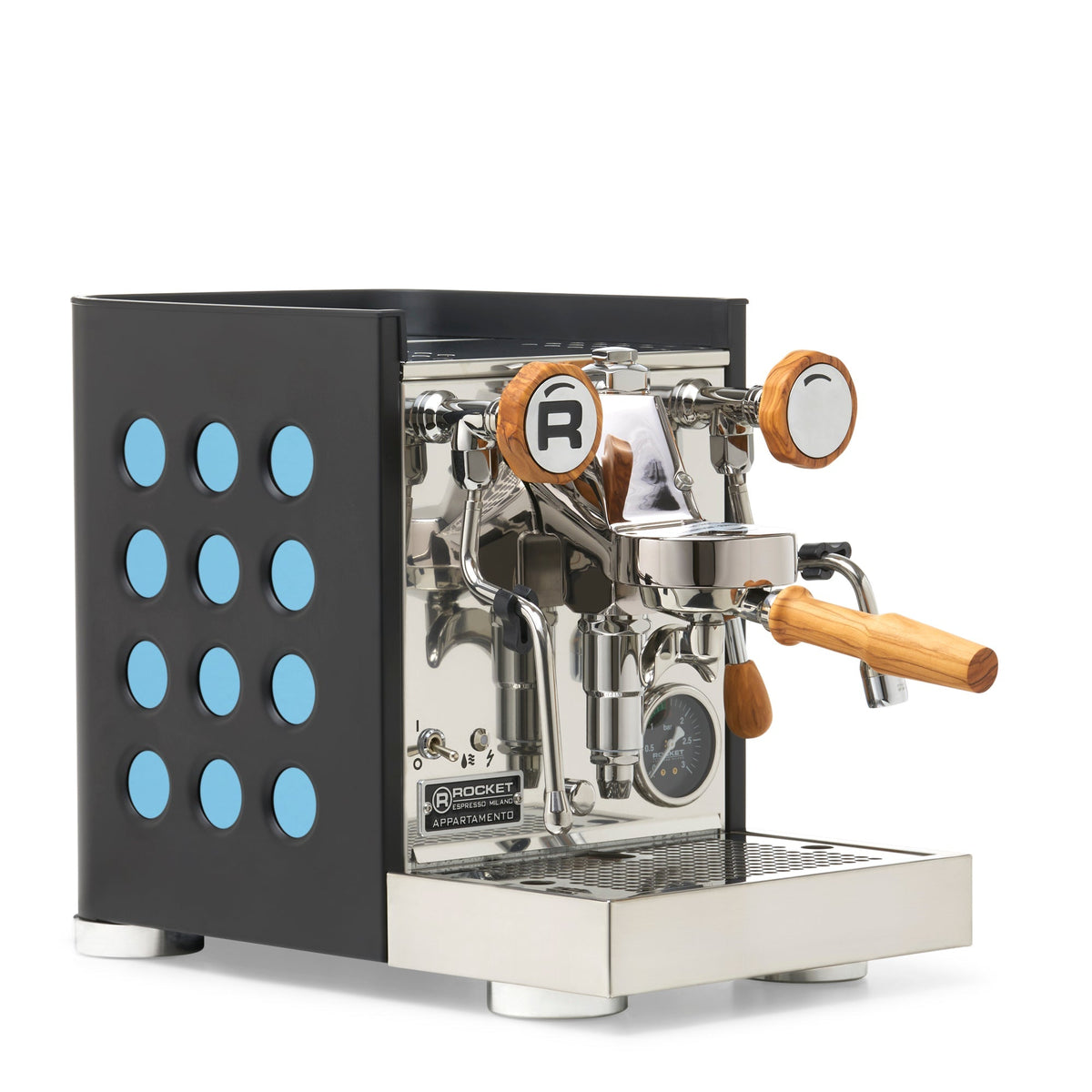 Rocket Espresso Appartamento TCA Espresso Machine - Black with Black Stripe – Aquamarine / Olive Wood / No Flow Control