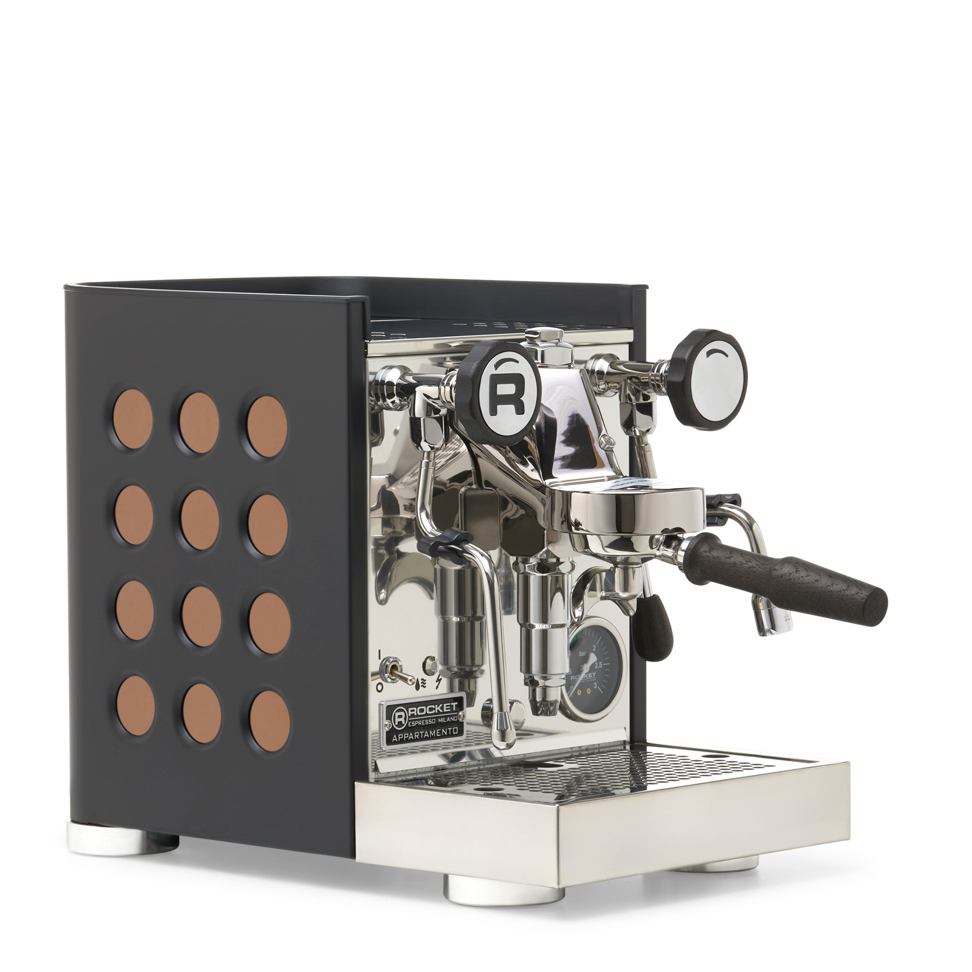 Rocket Espresso Appartamento TCA Espresso Machine - Black with Black Stripe – Copper / Blackened Oak / No Flow Control