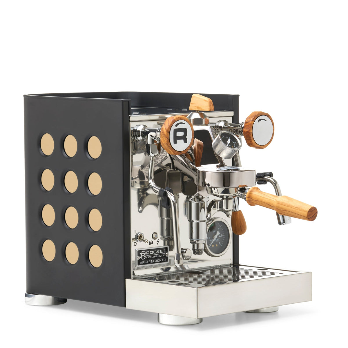 Rocket Espresso Appartamento TCA Espresso Machine - Black with Black Stripe – Gold / Olive Wood / Flow Paddle