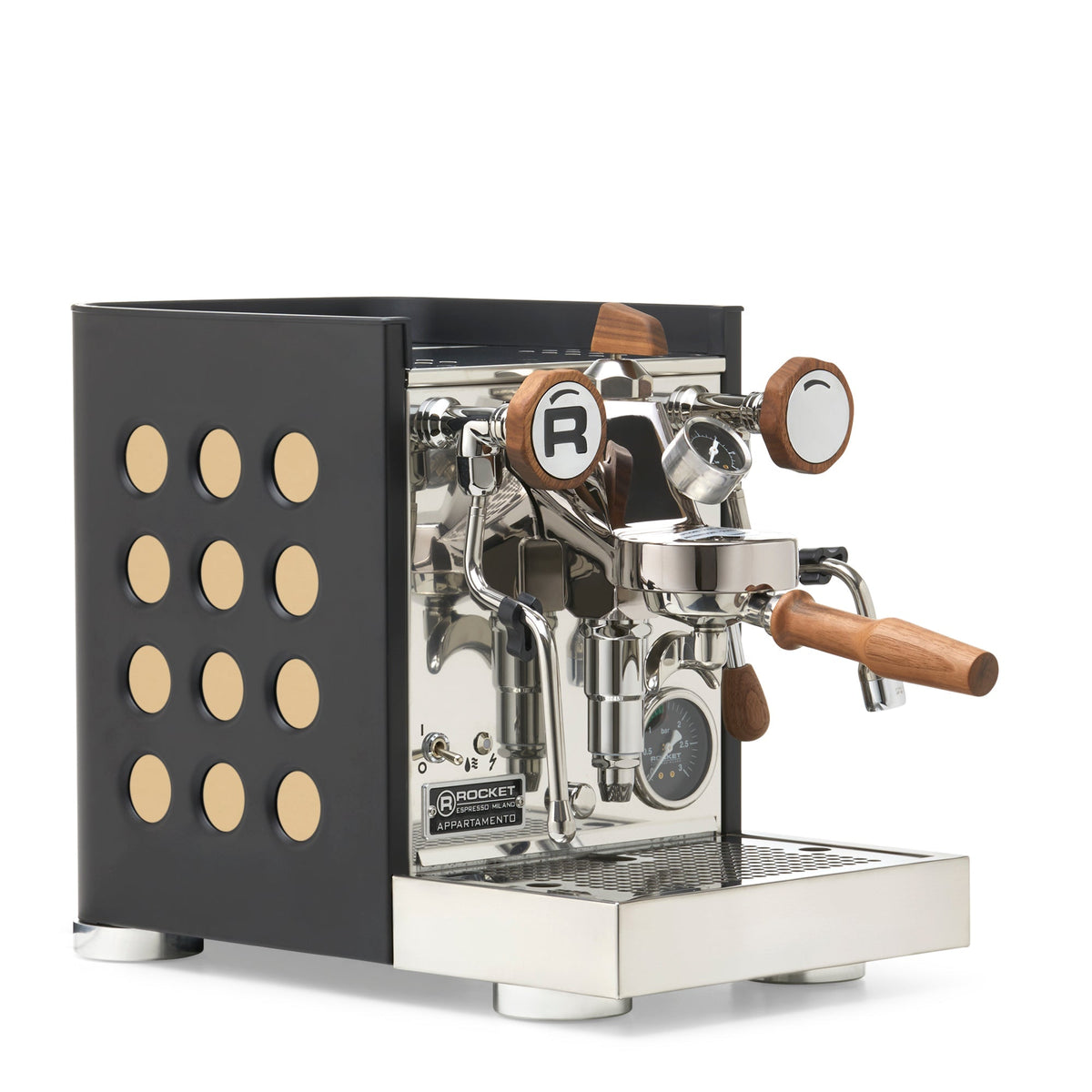 Rocket Espresso Appartamento TCA Espresso Machine - Black with Black Stripe – Gold / Walnut / Flow Paddle