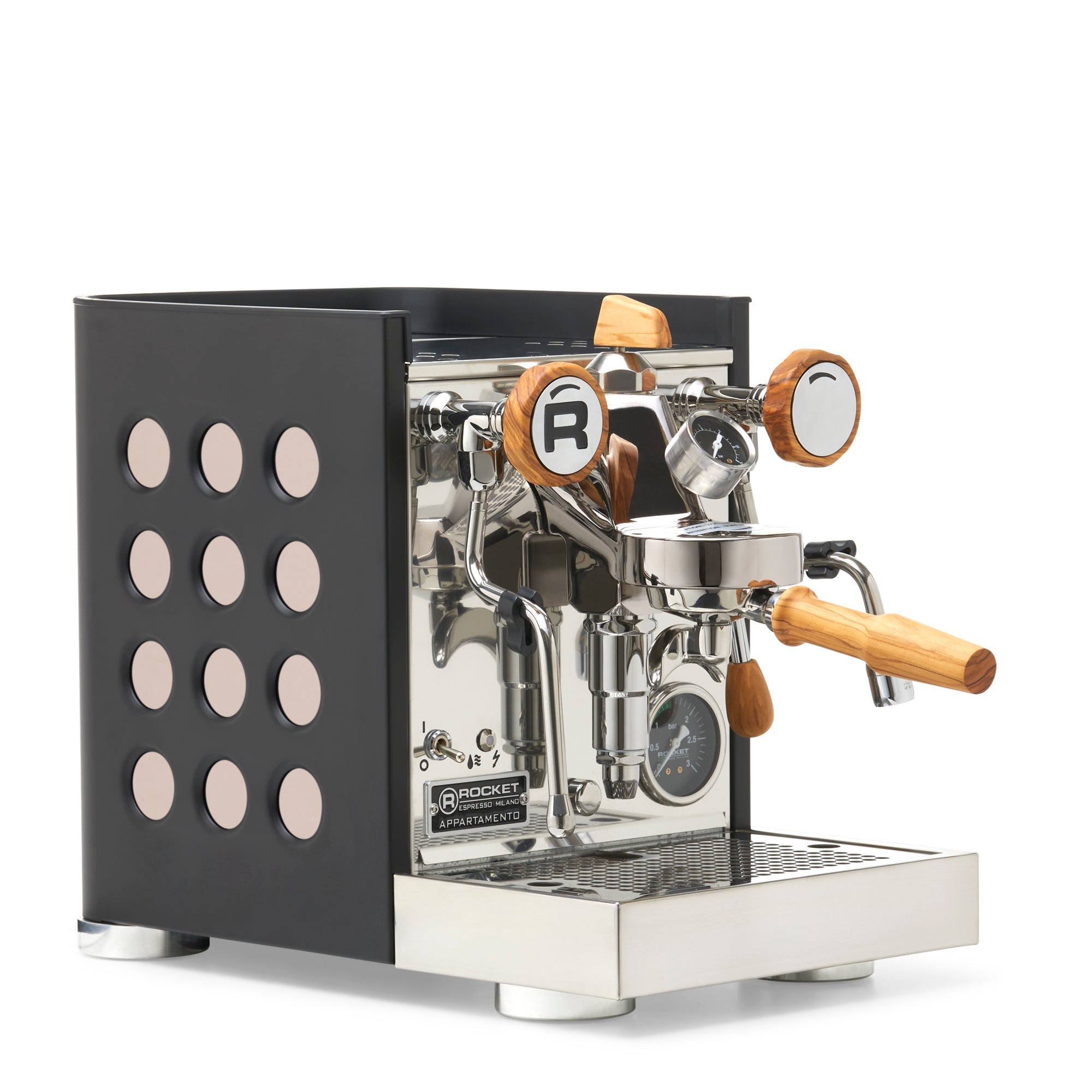 Rocket Espresso Appartamento TCA Espresso Machine - Black with Black Stripe – Rose Gold / Olive Wood / Flow Paddle