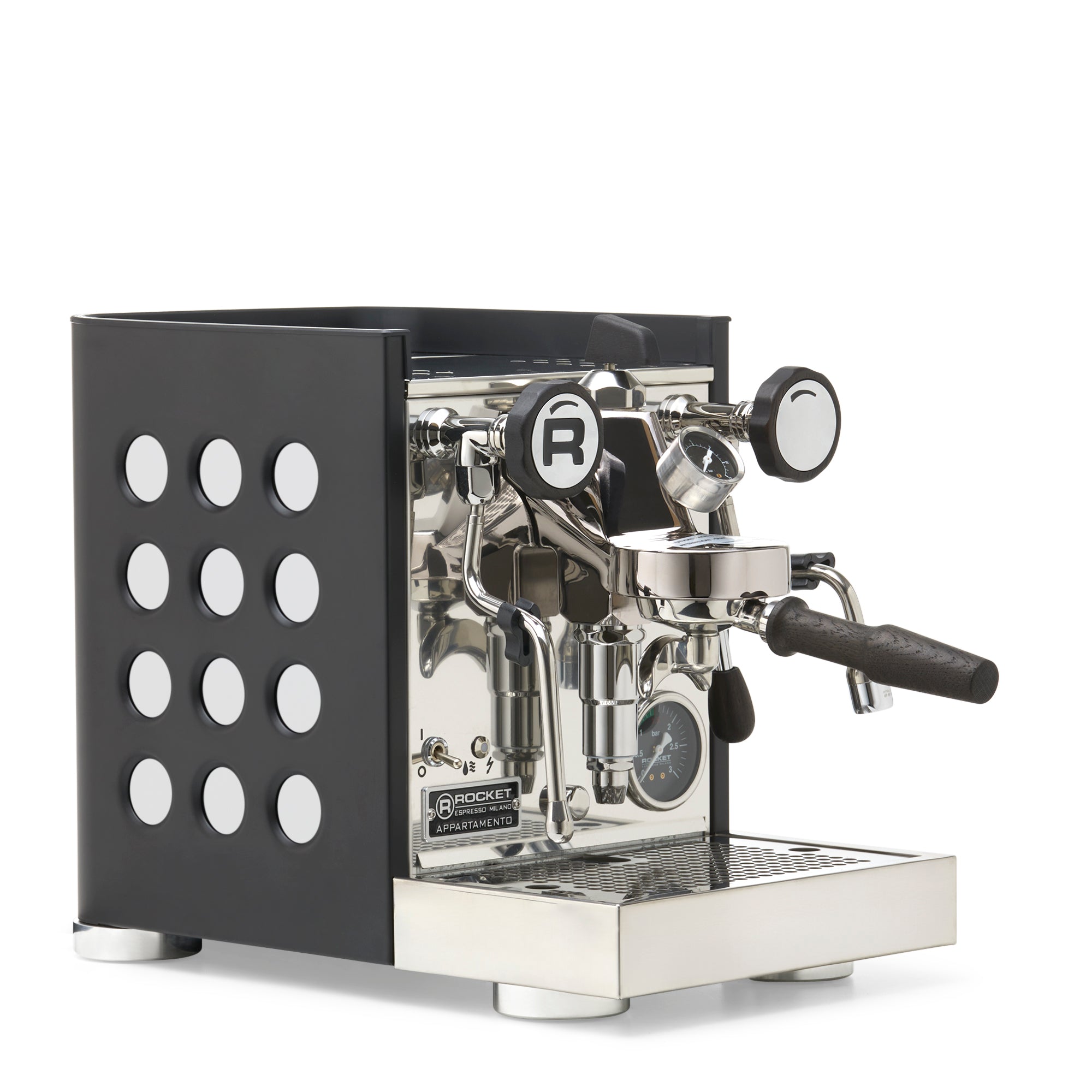 Rocket Espresso Appartamento TCA Espresso Machine - Black with Black Stripe – White / Blackened Oak / Flow Paddle