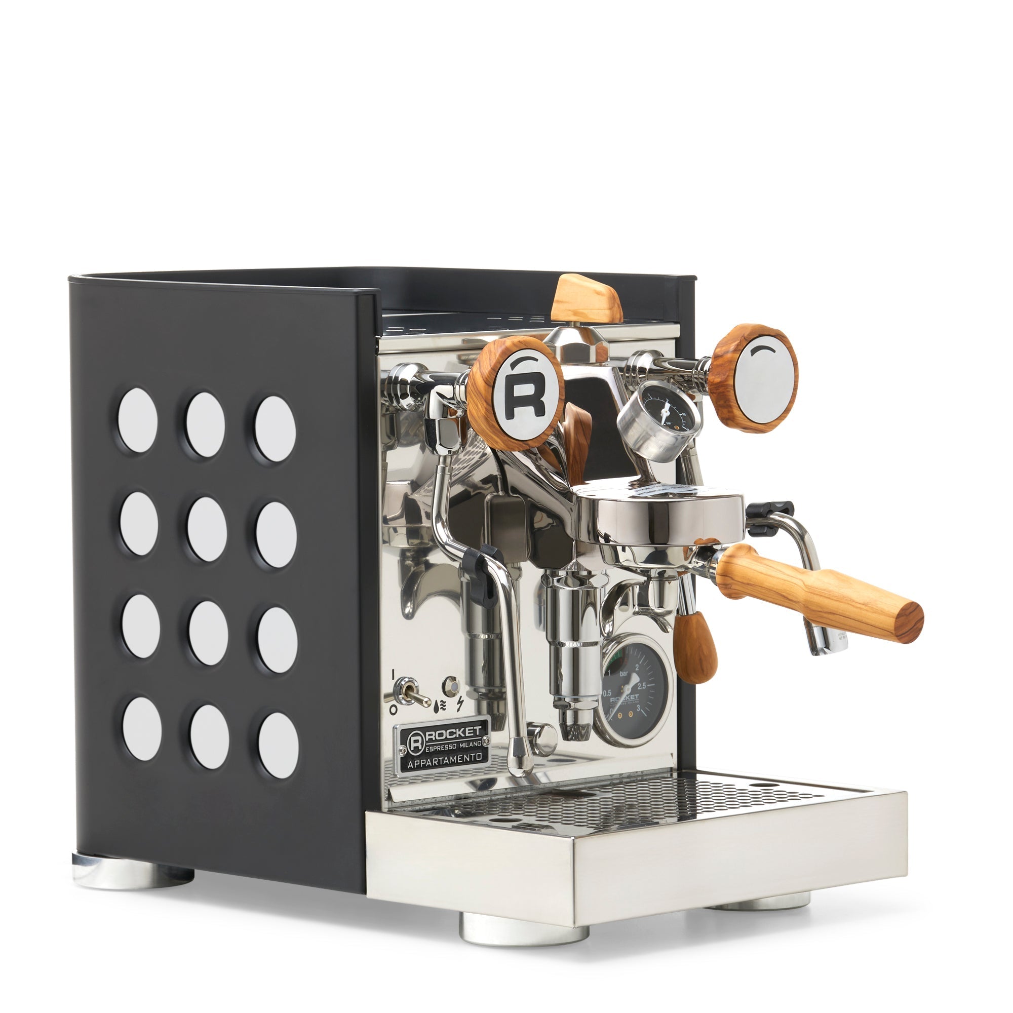 Rocket Espresso Appartamento TCA Espresso Machine - Black with Black Stripe – White / Olive Wood / Flow Paddle