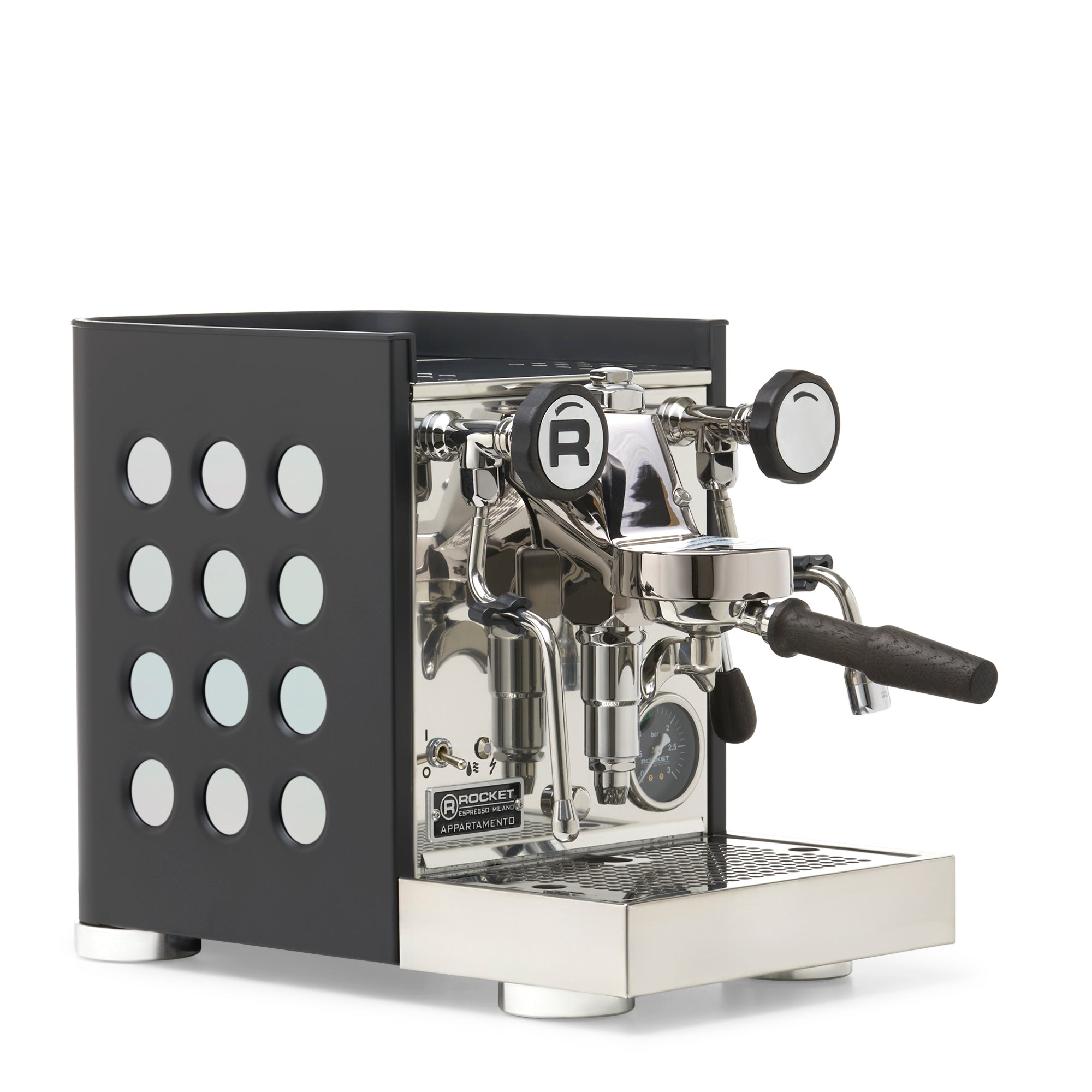 Rocket Espresso Appartamento TCA Espresso Machine - Black with Black Stripe – Iridescent / Blackened Oak / No Flow Control