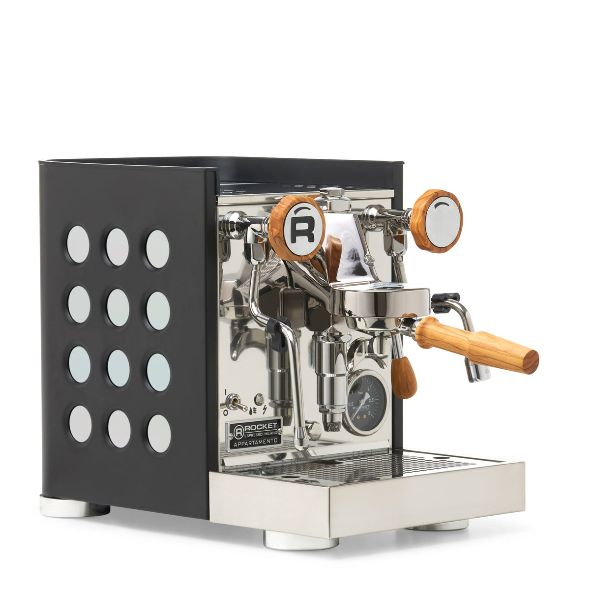 Rocket Espresso Appartamento TCA Espresso Machine - Black with Black Stripe – Iridescent / Olive Wood / No Flow Control