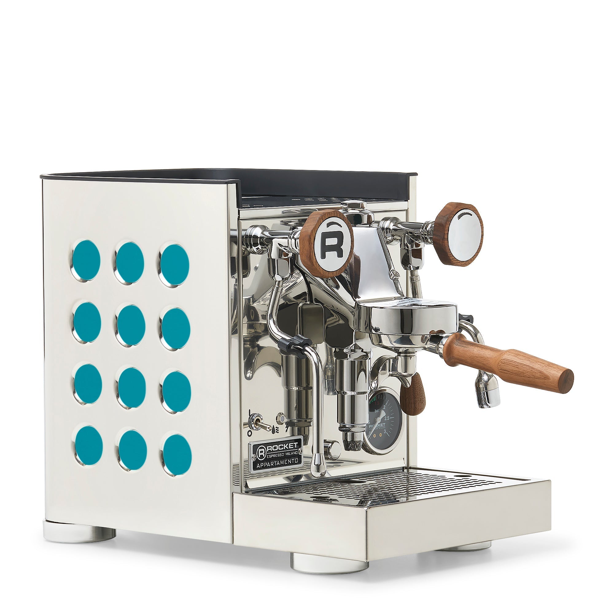 Rocket Espresso Appartamento TCA Espresso Machine - Stainless Steel with White Stripe – Amazonite / Walnut / No Flow Control