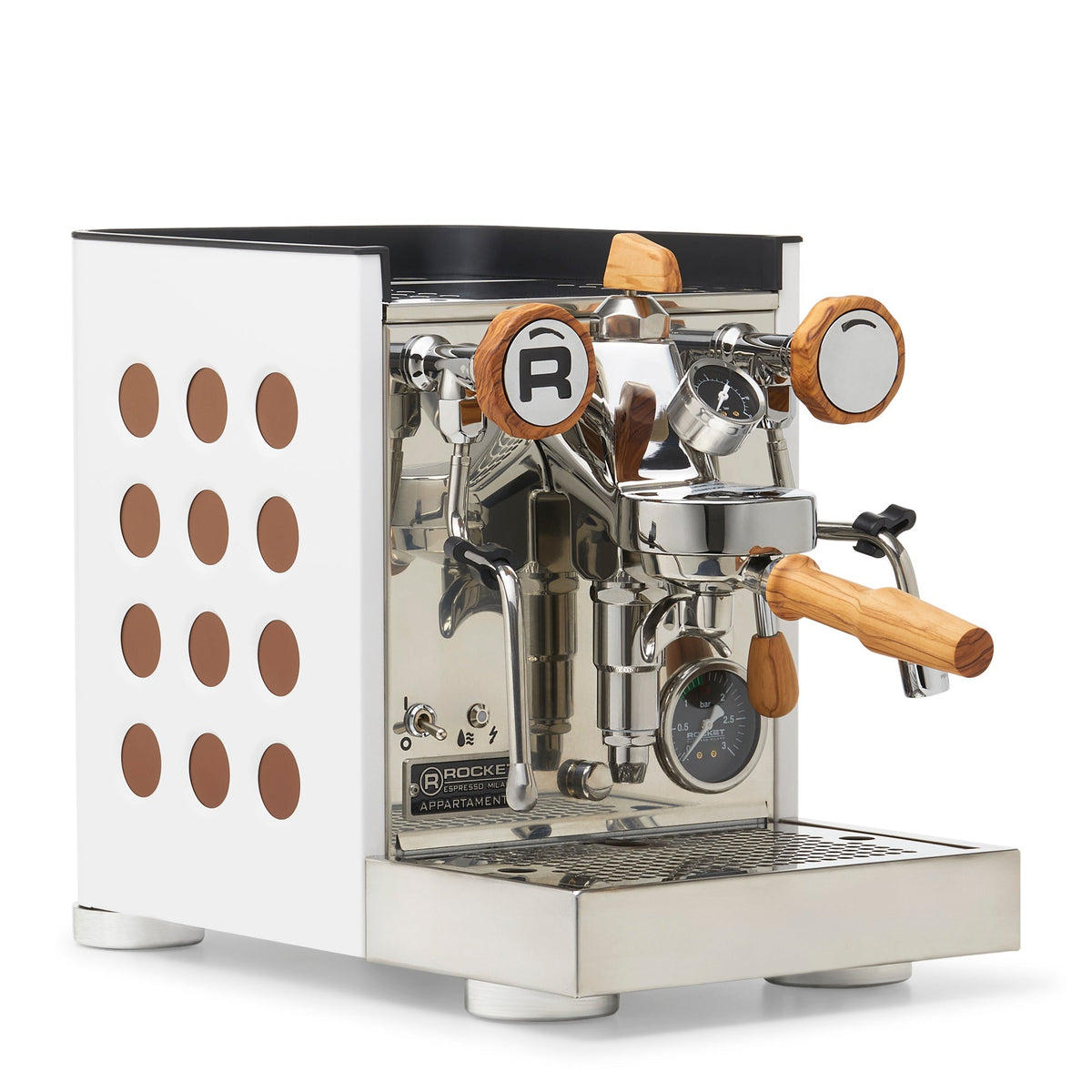 Rocket Espresso Appartamento TCA Espresso Machine - Copper – White / Olive Wood / Flow Paddle