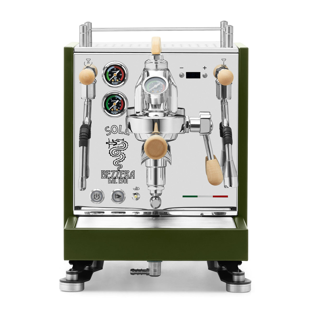 Bezzera SOLE Fast Heating Espresso Machine – Matte Green / Tiger Maple / Flow Paddle