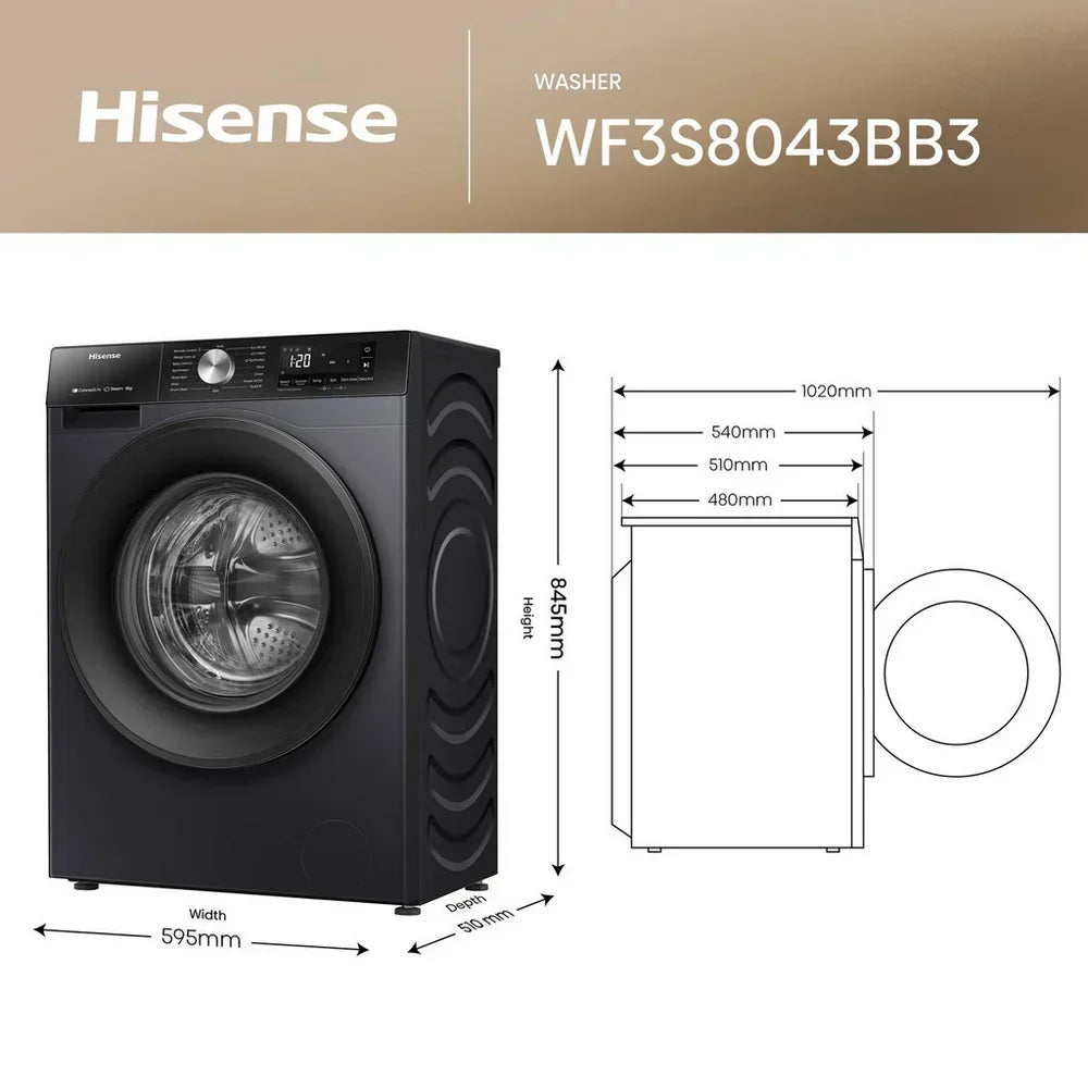 Hisense 3S Series WF3S8043BB3 WiFi-enabled 8kg 1400 Spin Washing Machine Black - A Rated – image 12 of 15