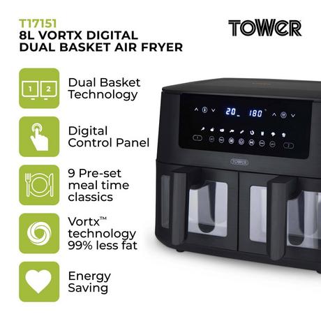 Tower T17151 Vortx Vizion 8L Digital Dual Basket Air Fryer Black – image 2 of 11